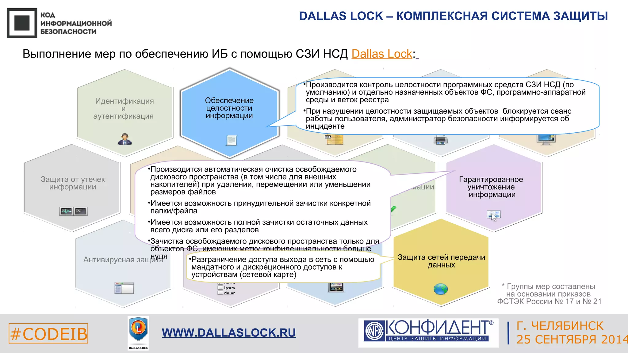 DALLAS LOCK – КОМПЛЕКСНАЯ СИСТЕМА ЗАЩИТЫ 
•Производится контроль целостности программных средств СЗИ НСД (по 
умолчанию) и отдельно назначенных объектов ФС, программно-аппаратной 
среды и веток реестра 
Обеспечение 
•При нарушении целостности защищаемых объектов блокируется доверенной сеанс 
загрузки 
работы пользователя, администратор безопасности информируется об 
инциденте 
* Группы мер составлены 
на основании приказов 
ФСТЭК России № 17 и № 21 
ЕКАТЕРИНБУРГ 
Выполнение мер по обеспечению ИБ с помощью СЗИ НСД Dallas Lock: 
Управление доступом 
•Производится автоматическая очистка освобождаемого 
дискового пространства (в том числе для внешних 
накопителей) при удалении, перемещении или уменьшении 
размеров файлов 
•Имеется возможность принудительной зачистки конкретной 
папки/файла 
•Имеется возможность полной зачистки остаточных данных 
всего диска или его разделов 
•Зачистка освобождаемого дискового пространства только для 
объектов ФС, имеющих метку конфиденциальности больше 
нуля Контроль и анализ 
защищенности 
информации 
Защита виртуальной 
среды 
Антивирусная защита 
Защита мобильной 
среды 
Защита технических 
средств 
#CODEIB 4 СЕНТЯБРЯ 2014 APPLE INC. 
CALIFORNIA, USA 
Г. ЧЕЛЯБИНСК 
WWW.DALLASLOCK.RU 25 СЕНТЯБРЯ 2014 
Идентификация 
и 
аутентификация 
Гарантированное 
уничтожение 
информации 
Защита от утечек 
информации 
Обеспечение 
доступности информации 
Защита сетей передачи 
данных 
Управление событиями 
•Разграничение доступа выхода в сеть с помощью 
мандатного и дискреционного доступов к 
устройствам (сетевой карте) 
 