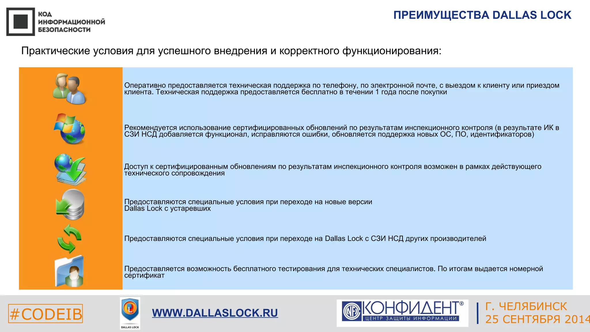 ПРЕИМУЩЕСТВА DALLAS LOCK 
Оперативно предоставляется техническая поддержка по телефону, по электронной почте, с выездом к клиенту или приездом 
клиента. Техническая поддержка предоставляется бесплатно в течении 1 года после покупки 
Рекомендуется использование сертифицированных обновлений по результатам инспекционного контроля (в результате ИК в 
СЗИ НСД добавляется функционал, исправляются ошибки, обновляется поддержка новых ОС, ПО, идентификаторов) 
Доступ к сертифицированным обновлениям по результатам инспекционного контроля возможен в рамках действующего 
технического сопровождения 
Предоставляется возможность бесплатного тестирования для технических специалистов. По итогам выдается номерной 
сертификат 
ЕКАТЕРИНБУРГ 
Практические условия для успешного внедрения и корректного функционирования: 
Предоставляются специальные условия при переходе на новые версии 
Dallas Lock с устаревших 
Предоставляются специальные условия при переходе на Dallas Lock c СЗИ НСД других производителей 
#CODEIB 4 СЕНТЯБРЯ 2014 APPLE INC. 
CALIFORNIA, USA 
Г. ЧЕЛЯБИНСК 
WWW.DALLASLOCK.RU 25 СЕНТЯБРЯ 2014 
 