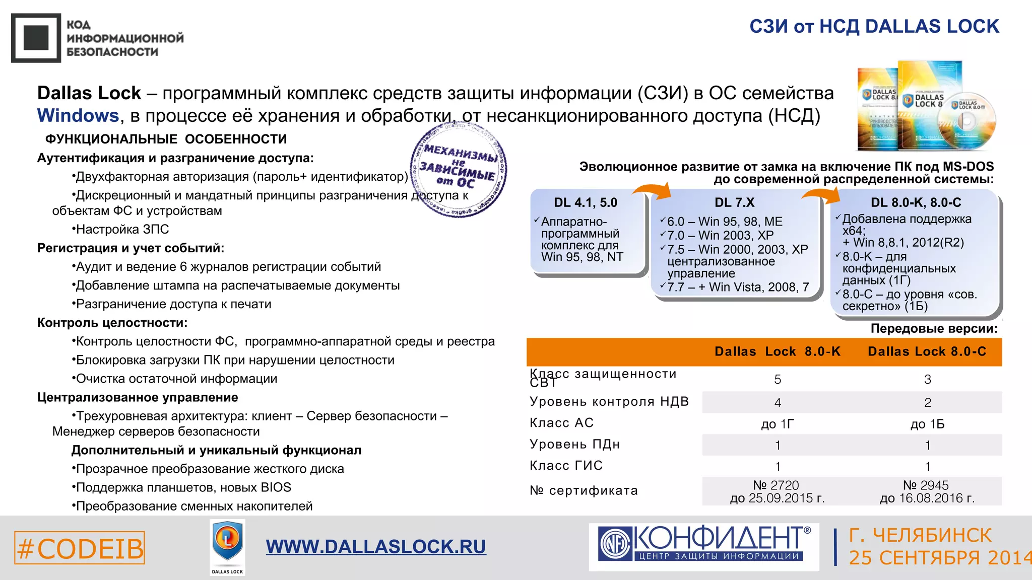 СЗИ от НСД DALLAS LOCK 
Эволюционное развитие от замка на включение ПК под MS-DOS 
до современной распределенной системы: 
DL 7.X DL 8.0-K, 8.0-C 
Добавлена поддержка 
x64; 
+ Win 8,8.1, 2012(R2) 
8.0-K – для 
конфиденциальных 
данных (1Г) 
8.0-С – до уровня «сов. 
секретно» (1Б) 
Передовые версии: 
6.0 – Win 95, 98, ME 
7.0 – Win 2003, XP 
7.5 – Win 2000, 2003, XP 
централизованное 
управление 
7.7 – + Win Vista, 2008, 7 
Dallas Lock 8.0‑K Dallas Lock 8.0-C 
DL 4.1, 5.0 
Аппаратно- 
программный 
комплекс для 
Win 95, 98, NT 
КСлВаТсс защищенности 5 3 
Уровень контроля НДВ 4 2 
Класс АС до 1Г до 1Б 
Уровень ПДн 1 1 
Класс ГИС 1 1 
№ сертификата № 2720 
№ 2945 
до 16.08.2016 г. 
ЕКАТЕРИНБУРГ 
Dallas Lock – программный комплекс средств защиты информации (СЗИ) в ОС семейства 
Windows, в процессе её хранения и обработки, от несанкционированного доступа (НСД) 
до 25.09.2015 г. 
ФУНКЦИОНАЛЬНЫЕ ОСОБЕННОСТИ 
Аутентификация и разграничение доступа: 
•Двухфакторная авторизация (пароль+ идентификатор) 
•Дискреционный и мандатный принципы разграничения доступа к 
#CODEIB 4 СЕНТЯБРЯ 2014 APPLE INC. 
CALIFORNIA, USA 
Г. ЧЕЛЯБИНСК 
WWW.DALLASLOCK.RU 25 СЕНТЯБРЯ 2014 
объектам ФС и устройствам 
•Настройка ЗПС 
Регистрация и учет событий: 
•Аудит и ведение 6 журналов регистрации событий 
•Добавление штампа на распечатываемые документы 
•Разграничение доступа к печати 
Контроль целостности: 
•Контроль целостности ФС, программно-аппаратной среды и реестра 
•Блокировка загрузки ПК при нарушении целостности 
•Очистка остаточной информации 
Централизованное управление 
•Трехуровневая архитектура: клиент – Сервер безопасности – 
Менеджер серверов безопасности 
Дополнительный и уникальный функционал 
•Прозрачное преобразование жесткого диска 
•Поддержка планшетов, новых BIOS 
•Преобразование сменных накопителей 
 