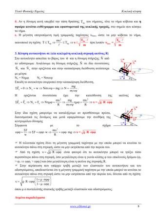 Υλικό Φυσικής-Χημείας Κυκλική κίνηση 
δ. Αν η δύναμη αυτή υπερβεί την τάση θραύσης   του νήματος, τότε το νήμα κόβεται και η 
σφαίρα κινείται ευθύγραμμα και εφαπτομενικά της κυκλικής τροχιάς, στο σημείο που κόπηκε 
το νήμα. 
ε. Η μέγιστη επιτρεπόμενη τιμή γραμμικής ταχύτητας υmax, ώστε να μην κόβεται το νήμα, 
  
           
        υ = g Rεφφ 
www.ylikonet.gr 8 
ικανοποιεί τη σχέση: 
m 
 
2    
  
 
     θρ Τ 
υ 
m 
άρα λοιπόν 
 θρ 
max 
T 
υ = 
m 
3. Κίνηση αυτοκινήτου σε λεία κεκλιμένη κυκλική στροφή ακτίνας R: 
Στο αυτοκίνητο ασκείται το βάρος του w και η δύναμη στήριξης N από 
το οδόστρωμα: Αναλύουμε τη δύναμη στήριξης N σε δύο συνιστώσες 
x N και y N στην οριζόντια και στην κατακόρυφη διεύθυνση αντίστοιχα 
με μέτρα: 
Νx = Νημφ Ny = Νσυνφ 
Επειδή το αυτοκίνητο ισορροπεί στην κατακόρυφη διεύθυνση, 
y y 
mg 
F  0 N  w  mg N  
 
. 
Η οριζόντια συνιστώσα έχει την κατεύθυνση της ακτίνας άρα: 
2 2 
x x 
m mg m 
F F N F 
  
R   
R   
 
υ = g R εφφ 
Στην ίδια σχέση μπορούμε να καταλήξουμε αν προσθέσουμε πρώτα, 
διανυσματικά τις δυνάμεις και μετά εφαρμόσουμε την συνθήκη της 
κεντρομόλου δύναμης 
Σύμφωνα με το σχήμα 
2 F m 
  
F w mg 
w R 
 Η τελευταία σχέση δίνει τη μέγιστη γραμμική ταχύτητα με την οποία μπορεί να κινείται το 
αυτοκίνητο πάνω στη στροφή, ώστε να μην εκτρέπεται από την πορεία του. 
 Από τη σχέση   g R είναι φανερό ότι το αυτοκίνητο μπορεί να τρέξει τόσο 
περισσότερο πάνω στη στροφή, όσο μεγαλύτερη είναι η γωνία κλίσης φ του επικλινούς δρόμου (φ1 
> φ2  εφφ1 > εφφ2) και όσο μεγαλύτερη είναι η ακτίνα της στροφής R. 
 Στην περίπτωση που υπάρχει τριβή μεταξύ των ελαστικών του αυτοκινήτου και του 
οδοστρώματος, αποδεικνύεται ότι η μέγιστη γραμμική ταχύτητα με την οποία μπορεί να κινείται το 
αυτοκίνητο πάνω στη στροφή ώστε να μην εκτρέπεται από την πορεία του, δίνεται από τη σχέση: 
 1 
   
  g  R 
   
 1 
  
όπου μ ο συντελεστής στατικής τριβής μεταξύ ελαστικών και οδοστρώματος. 
Λυμένα παραδείγματα 
w 
N 
Ο 
• 
Nx 
Ny 
φ 
φ 
w 
N 
Ο 
• 
φ 
φ 
φ 
ΣF 
 