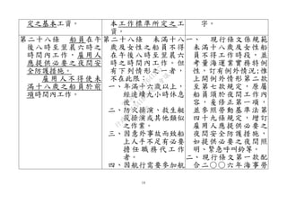14 
定之基本工資。 本工作標準所定之工 資。 字。 第二十八條 船員在午 後八時至翌晨六時之 時間內工作，雇用人 應提供必要之夜間安 全防護措施。 雇用人不得使未 滿十八歲之船員於前 項時間內工作。 第二十八條 未滿十八 歲及女性之船員不得 在午後八時至翌晨六 時之時間內工作。但 有下列情形之一者， 不在此限︰ 一、年滿十六歲以上， 經連續九小時休息 後。 二、防火操演、救生艇 筏操演或其他類似 之作業。 三、因意外事故而致船 上人手不足有必要 擔任職務代工作 者。 四、因航行需要參加航 一、 現行條文係規範 未滿十八歲及女性船 員不得工作時段，並 考量海運業實務特例 性，訂有例外情況;惟 上開例外情形第二款 至第七款規定，原屬 船員須於夜間工作內 容，爰修正第一項， 並參照勞動基準法第 四十九條規定，增訂 雇用人應提供必要之 夜間安全防護措施， 如提供必要之夜間照 明、緊急呼叫鈴等。 二、 現行條文第一款配 合二○○六年海事勞 
行政院 
行政院第3418次院會會議 
25CB2C1507641DA7 
 