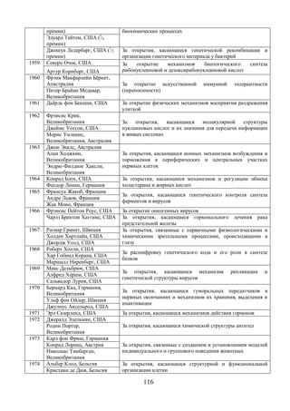 премии) биохимических процессах 
Эдуард Тейтем, США (1⁄4 
премии) 
Джошуа Ледерберг, США (1⁄2 
премии) 
За открытия, касающиеся генетической рекомбинации и 
организации генетического материала у бактерий 
1959 Северо Очоа, США За открытие механизмов биологического синтеза 
рибонуклеиновой и дезоксирибонуклеиновой Артур Корнберг, США кислот 
116 
1960 Фрэнк Макфарлейн Бёрнет, 
Апвстралия За открытие искусственной иммунной толерантности 
Питер Брайан Медавар, (переносимости) 
Великобритания 
1961 Дьёрдь фон Бекеши, США За открытие физических механизмов восприятия раздражения 
улиткой 
1962 Фрэнсис Крик, 
Великобритания За открытия, касающиеся молекулярной структуры 
нуклеиновых кислот и их значения для передачи информации 
в живых системах 
Джеймс Уотсон, США 
Морис Уилкинс, 
Великобритания, Австралия 
1963 Джон Экклс, Австралия 
За открытия, касающиеся ионных механизмов возбуждения и 
торможения в периферических и центральных участках 
нервных клеток 
Алан Ходжкин, 
Великобритания 
Эндрю Филдинг Хаксли, 
Великобритания 
1964 Конрад Блох, США За открытия, касающиеся механизмов и регуляции обмена 
Феодор Линен, Германия холестерина и жирных кислот 
1965 Франсуа Жакоб, Франция За открытия, касающиеся генетического контроля синтеза 
Андре Львов, Франция ферментов и вирусов 
Жак Моно, Франция 
1966 Фрэнсис Пейтон Роус, США За открытие онкогенных вирусов 
Чарлз Брентон Хаггинс, США За открытия, касающиеся гормонального лечения рака 
предстательной железы 
1967 Рагнар Гранит, Швеция За открытия, связанные с первичными физиологическими и 
химическими зрительными процессами, происходящими в 
глазу 
Холден Хартлайн, США 
Джордж Уолд, США 
1968 Роберт Холли, США За расшифровку генетического кода и его роли в синтезе 
Хар Гобинд Корана, США белков 
Маршалл Ниренберг, США 
1969 Макс Дельбрюк, США За открытия, касающиеся механизма репликации и 
Алфред Херши, США генетической структуры вирусов 
Сальвадор Лурия, США 
1970 Бернард Кац, Германия, 
Великобритания За открытия, касающиеся гуморальных передатчиков в 
нервных окончаниях и механизмов их хранения, выделения и 
Ульф фон Ойлер, Швеция инактивации 
Джулиус Аксельрод, США 
1971 Эрл Сазерленд, США За открытия, касающиеся механизмов действия гормонов 
1972 Джералд Эдельман, США 
Родни Портер, За открытия, касающиеся химической структуры антител 
Великобритания 
1973 Карл фон Фриш, Германия 
За открытия, связанные с созданием и установлением моделей 
индивидуального и группового поведения животных 
Конрад Лоренц, Австрия 
Николаас Тинберген, 
Великобритания 
1974 Альбер Клод, Бельгия За открытия, касающиеся структурной и функциональной 
Кристиан де Дюв, Бельгия организации клетки 
 
