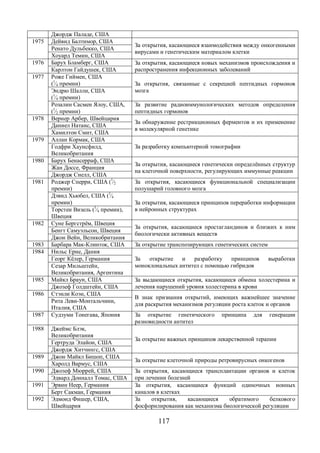 117 
Джордж Паладе, США 
1975 Дейвид Балтимор, США За открытия, касающиеся взаимодействия между онкогенными 
вирусами и генетическим Ренато Дульбекко, США материалом клетки 
Хоуард Темин, США 
1976 Барух Бламберг, США За открытия, касающиеся новых механизмов происхождения и 
Карлтон Гайдушек, США распространения инфекционных заболеваний 
1977 Роже Гиймен, США 
(1⁄4 премии) За открытия, связанные с секрецией пептидных гормонов 
Эндрю Шалли, США мозга 
(1⁄4 премии) 
Розалин Сасмен Ялоу, США, 
За развитие радиоиммунологических методов определения 
(1⁄2 премии) 
пептидных гормонов 
1978 Вернер Арбер, Швейцария За обнаружение рестрикционных ферментов и их применение 
Даниел Натанс, США в молекулярной генетике 
Хамилтон Смит, США 
1979 Аллан Кормак, США 
Годфри Хаунсфилд, За разработку компьютерной томографии 
Великобритания 
1980 Барух Бенасерраф, США За открытия, касающиеся генетически определённых структур 
Жан Доссе, Франция на клеточной поверхности, регулирующих иммунные реакции 
Джордж Снелл, США 
1981 Роджер Сперри, США (1⁄2 
премии) 
За открытия, касающиеся функциональной специализации 
полушарий головного мозга 
Дэвид Хьюбел, США (1⁄4 
премии) За открытия, касающиеся принципов переработки информации 
Торстен Визель (1⁄4 премии), в нейронных структурах 
Швеция 
1982 Суне Бергстрём, Швеция За открытия, касающиеся простагландинов и близких к ним 
Бенгт Самуэльсон, Швеция биологически активных веществ 
Джон Вейн, Великобритания 
1983 Барбара Мак-Клинток, США За открытие транспозирующих генетических систем 
1984 Нильс Ерне, Дания 
За открытие и разработку принципов выработки 
моноклональных антител с помощью гибридов 
Георг Кёлер, Германия 
Сезар Мильштейн, 
Великобритания, Аргентина 
1985 Майкл Браун, США За выдающиеся открытия, касающиеся обмена холестерина и 
Джозеф Голдштейн, США лечения нарушений уровня холестерина в крови 
1986 Стэнли Коэн, США В знак признания открытий, имеющих важнейшее значение 
Рита Леви-Монтальчини, для раскрытия механизмов регуляции роста клеток и органов 
Италия, США 
1987 Судзуми Тонегава, Япония За открытие генетического принципа для генерации 
разновидности антител 
1988 Джеймс Блэк, 
Великобритания За открытие важных принципов лекарственной терапии Гертруда Элайон, США 
Джордж Хитчингс, США 
1989 Джон Майкл Бишоп, США За открытие клеточной природы ретровирусных онкогенов Харолд Вармус, США 
1990 Джозеф Мюррей, США За открытия, касающиеся трансплантации органов и клеток 
Эдвард Донналл Томас, США при лечении болезней 
1991 Эрвин Неер, Германия За открытия, касающиеся функций одиночных ионных 
Берт Сакман, Германия каналов в клетках 
1992 Эдмонд Фишер, США, 
Швейцария 
За открытия, касающиеся обратимого белкового 
фосфорилирования как механизма биологической регуляции 
 