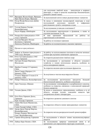 для получения тяжёлой воды – замедлителя в ядерных 
реакторах, а также в качестве индикатора биохимических 
реакций в живой ткани) 
1935 Фредерик Жолио-Кюри, Франция За выполненный синтез новых радиоактивных Ирен Жолио-Кюри, Франция элементов 
1936 Петер Йозеф Вильгельм Дебай, 
128 
Нидерланды 
За вклад в понимание молекулярной структуры в ходе 
исследований дипольных явлений и дифракции 
рентгеновских лучей и электронов в газах 
1937 Уолтер Норман Хоуорс, 
Великобритания За исследования углеводов и витамина С 
Пауль Каррер, Швейцария За исследование каротиноидов и флавинов, а также за 
изучение витаминов А и В2 
1938 Рихард Кун (присуждена в 1939 
году), Германия 
В знак признания проделанной им работы по 
каротиноидам и витаминам 
1939 Адольф Фридрих Иоганн 
Бутенандт, Германия За работы по половым гормонам 
Леопольд Ружичка, Швейцария За работы по полиметиленам и высшим терпенам 
1940 
1941 Премия не присуждалась 
1942 
1943 Дьёрдь де Хевеши (присуждена в 
1944 году), Венгрия 
За работу по использованию изотопов в качестве меченых 
атомов при изучении химических процессов 
1944 Отто Ган (присуждена в 1945 
году), Германия За открытие расщепления тяжёлых ядер 
1945 Арттури Илмари Виртанен, 
Финляндия 
За исследования и достижения в области сельского 
хозяйства и химии питательных веществ, особенно за 
метод консервации кормов 
1946 Джеймс Самнер (1/2 премии), 
США За открытие явления кристаллизации ферментов 
Джон Говард Нортроп (1/4 
премии), США За получение в чистом виде вирусных белков Уэнделл Мередит Стэнли (1/4 
премии), США 
1947 Роберт Робинсон, Великобритания За исследования растительных продуктов большой 
биологической важности, особенно алкалоидов 
1948 Арне Тиселиус, Швеция За исследование электрофореза и адсорбционного анализа, 
особенно за открытие, связанное с комплексной природой 
белков сыворотки 
1949 Уильям Джиок, США За вклад в химическую термодинамику, особенно в ту её 
область, которая изучает поведение веществ при 
экстремально низких температурах 
1950 Отто Поль Херманн Дильс, 
Германия За открытие и развитие диенового синтеза 
Курт Альдер, Германия 
1951 Эдвин Маттисон Макмиллан, 
США За открытия в области химии трансурановых элементов 
Гленн Теодор Сиборг, США 
1952 Арчер Джон Портер Мартин, 
Великобритания За открытие метода распределительной хроматографии Ричард Лоуренс Миллингтон 
Синг, Великобритания 
1953 Герман Штаудингер, Германия За исследования в области химии высокомолекулярных 
веществ 
1954 Лайнус Карл Полинг, США За исследование природы химической связи и её 
применение для определения структуры соединений 
 
