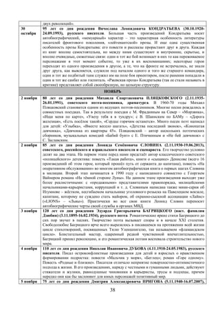 38 
двух революций». 
30 
октября 
95 лет со дня рождения Вячеслава Леонидовича КОНДРАТЬЕВА (30.10.1920- 
24.09.1993), русского писателя. Большая часть произведений Кондратьева носит 
автобиографический, «мемуарный» характер – это характерная особенность литературы 
писателей фронтового поколения, «лейтенантской» прозы. И еще одна существенная 
особенность прозы Кондратьева: его повести и рассказы прорастают друг в друга. Каждая 
из книг вполне самостоятельна, но между ними существуют и внутренние, скрытые, и 
вполне очевидные, сюжетные связи: один и тот же бой возникает в них то как переживаемое 
персонажами в этот момент событие, то уже в их воспоминаниях; некоторые герои 
переходят из одного произведения в другое, а те, что на фронте не встречались, не знали 
друг друга, как выясняется, служили под началом одного и того же старшего командира, 
один и тот же подбитый танк служил им на поле боя ориентиром, после ранения попадали в 
один и тот же санбат или госпиталь. «Ржевская проза» Кондратьева (так ее стали называть в 
критике) представляет собой своеобразную, но цельную структуру. 
НОЯБРЬ 
2 ноября 80 лет со дня рождения Михаила Спартаковича ПЛЯЦКОВСКОГО (2.11.1935- 
26.01.1991), советского поэта-песенника, драматурга. В 1960-70 годы Михаил 
Пляцковский становится одним из ведущих поэтов-песенников. Многие песни рождались в 
совместных поездках. Так в результате поездки с М. Фрадкиным на Север – «Морзянка», 
«Ищи меня по карте», «Увезу тебя я в тундру»; с В. Шаинским по БАМу – «Дорога 
железная», «Есть посёлок такой», «Сердце горячим останется». Много песен поэт написал 
для детей: «Улыбка», «Вместе весело шагать», «Детства последний звонок», «Конопатая 
девчонка», «Девчонка из квартиры 45». Пляцковский – автор нескольких поэтических 
сборников, музыкальных комедий «Бабий бунт» с Е. Птичкиным и «Не бей девчонок» с 
С. Заславским. 
2 ноября 85 лет со дня рождения Леонида Семёновича СЛОВИНА (2.11.1930-19.06.2013), 
советского, российского и израильского писателя и сценариста. Его творчество условно 
делят на два этапа. На первом этапе перед нами предстаёт автор классического советского 
«полицейского» детектива: повесть «Такая работа», книги о «сыщике» Денисове (всего 16 
произведений об этом герое, который прошёл путь от сержанта до капитана), повесть «На 
оперативном обслуживании» во многом автобиографическая книга о первых шагах Словина 
в милиции. Второй этап начинается в 1990 году с написанного совместно с Георгием 
Вайнером романа «На тёмной стороне Луны». На данном этапе произведения выходят уже 
более реалистичными: с «продажными» представителями правопорядка, милицейскими 
начальниками-карьеристами, коррупцией и т. д. Словиным написана также мини-серия об 
Игумнове – жёстком, несгибаемом начальнике уголовного розыска на Павелецком вокзале, 
капитане, которому не суждено стать майором, об охранно-сыскной ассоциации «Лайнс» 
(«LIONS» – «Львы»). Практически во все свои книги Леонид Словин переносит 
автобиографические черты своей службы в органах МВД. 
3 ноября 120 лет со дня рождения Эдуарда Григорьевича БАГРИЦКОГО (наст. фамилия 
Дзюбин) (3.11.1895-16.02.1934), русского поэта. Романтические яркие стихи Багрицкого до 
сих пор звучат в песнях. Творчество поэта вызывает споры и в начале XXI столетия. 
Свободолюбие Багрицкого ярче всего выразилось в писавшемся на протяжении всей жизни 
цикле стихотворений, посвященных Тилю Уленшпигелю, так называемом «фламандском 
цикле». Блистательный мастер, одаренный редкой чувственной впечатлительностью, 
Багрицкий принял революцию, и его романтическая поэзия воспевала строительство нового 
мира. 
4 ноября 110 лет со дня рождения Николая Ивановича ДУБОВА (4.11.1910-24.05.1983), русского 
писателя. Писал остроконфликтные произведения для детей и взрослых о нравственном 
формировании подростка: повести «Мальчик у моря», «Беглец»; роман «Горе одному». 
Повесть «Родные и близкие». Писателя отличало неприятие поверхностно-оптимистичного 
подхода к жизни. В его произведениях, наряду с честными и гуманными людьми, действуют 
стяжатели и жулики, равнодушные чиновники и карьеристы, трусы и подлецы, причем 
нередко они как бы заслоняют для юных персонажей позитивный мир. 
5 ноября 75 лет со дня рождения Дмитрия Александровича ПРИГОВА (5.11.1940-16.07.2007), 
 