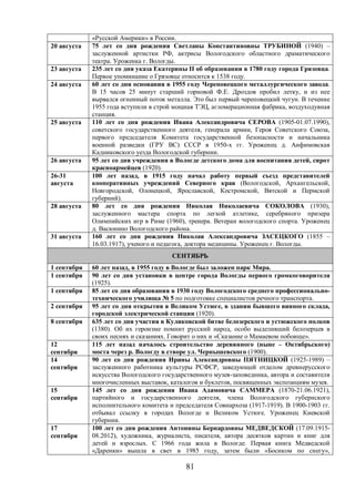 81 
«Русской Америки» в России. 
20 августа 75 лет со дня рождения Светланы Константиновны ТРУБИНОЙ (1940) – 
заслуженной артистки РФ, актрисы Вологодского областного драматического 
театра. Уроженка г. Вологды. 
23 августа 235 лет со дня указа Екатерины II об образовании в 1780 году города Грязовца. 
Первое упоминание о Грязовце относится к 1538 году. 
24 августа 60 лет со дня основания в 1955 году Череповецкого металлургического завода. 
В 15 часов 25 минут старший горновой Ф.Е. Дроздов пробил летку, и из нее 
вырвался огненный поток металла. Это был первый череповецкий чугун. В течение 
1955 года вступили в строй мощная ТЭЦ, агломерационная фабрика, воздуходувная 
станция. 
25 августа 110 лет со дня рождения Ивана Александровича СЕРОВА (1905-01.07.1990), 
советского государственного деятеля, генерала армии, Героя Советского Союза, 
первого председателя Комитета государственной безопасности и начальника 
военной разведки (ГРУ ВС) СССР в 1950-х гг. Уроженец д. Анфимовская 
Кадниковского уезда Вологодской губернии. 
26 августа 95 лет со дня учреждения в Вологде детского дома для воспитания детей, сирот 
красноармейцев (1920). 
26-31 
августа 
100 лет назад, в 1915 году начал работу первый съезд представителей 
кооперативных учреждений Северного края (Вологодской, Архангельской, 
Новгородской, Олонецкой, Ярославской, Костромской, Вятской и Пермской 
губерний). 
28 августа 80 лет со дня рождения Николая Николаевича СОКОЛОВА (1930), 
заслуженного мастера спорта по легкой атлетике, серебряного призера 
Олимпийских игр в Риме (1960), тренера. Ветеран вологодского спорта. Уроженец 
д. Васюнино Вологодского района. 
31 августа 160 лет со дня рождения Николая Александровича ЗАСЕЦКОГО (1855 – 
16.03.1917), ученого и педагога, доктора медицины. Уроженец г. Вологды. 
СЕНТЯБРЬ 
1 сентября 60 лет назад, в 1955 году в Вологде был заложен парк Мира. 
1 сентября 90 лет со дня установки в центре города Вологды первого громкоговорителя 
(1925). 
1 сентября 85 лет со дня образования в 1930 году Вологодского среднего профессионально- 
технического училища № 5 по подготовке специалистов речного транспорта. 
2 сентября 95 лет со дня открытия в Великом Устюге, в здании бывшего винного склада, 
городской электрической станции (1920). 
8 сентября 635 лет со дня участия в Куликовской битве белозерского и устюжского полков 
(1380). Об их героизме помнит русский народ, особо выделивший белозерцев в 
своих песнях и сказаниях. Говорит о них и «Сказание о Мамаевом побоище». 
12 
сентября 
115 лет назад началось строительство деревянного (ныне – Октябрьского) 
моста через р. Вологду в створе ул. Чернышевского (1900). 
14 
сентября 
90 лет со дня рождения Ирины Александровны ПЯТНИЦКОЙ (1925-1989) – 
заслуженного работника культуры РСФСР, заведующей отделом древнерусского 
искусства Вологодского государственного музея-заповедника, автора и составителя 
многочисленных выставок, каталогов и буклетов, посвященных экспозициям музея. 
15 
сентября 
145 лет со дня рождения Ивана Адамовича САММЕРА (1870-21.06.1921), 
партийного и государственного деятеля, члена Вологодского губернского 
исполнительного комитета и председателя Совнархоза (1917-1919). В 1900-1903 гг. 
отбывал ссылку в городах Вологде и Великом Устюге. Уроженец Киевской 
губернии. 
17 
сентября 
100 лет со дня рождения Антонины Бернардовны МЕДВЕДСКОЙ (17.09.1915- 
08.2012), художника, журналиста, писателя, автора десятков картин и книг для 
детей и взрослых. С 1966 года жила в Вологде. Первая книга Медведской 
«Даренки» вышла в свет в 1985 году, затем были «Босиком по снегу», 
 