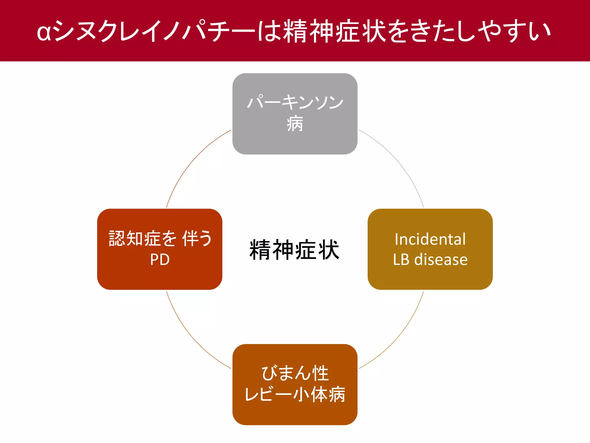 αシヌクレイノパチーは精神症状をきたしやすい 
パーキンソン 
病 
Incidental 
LB disease 
びまん性 
レビー小体病 
認知症を伴う 
PD 精神症状 
 