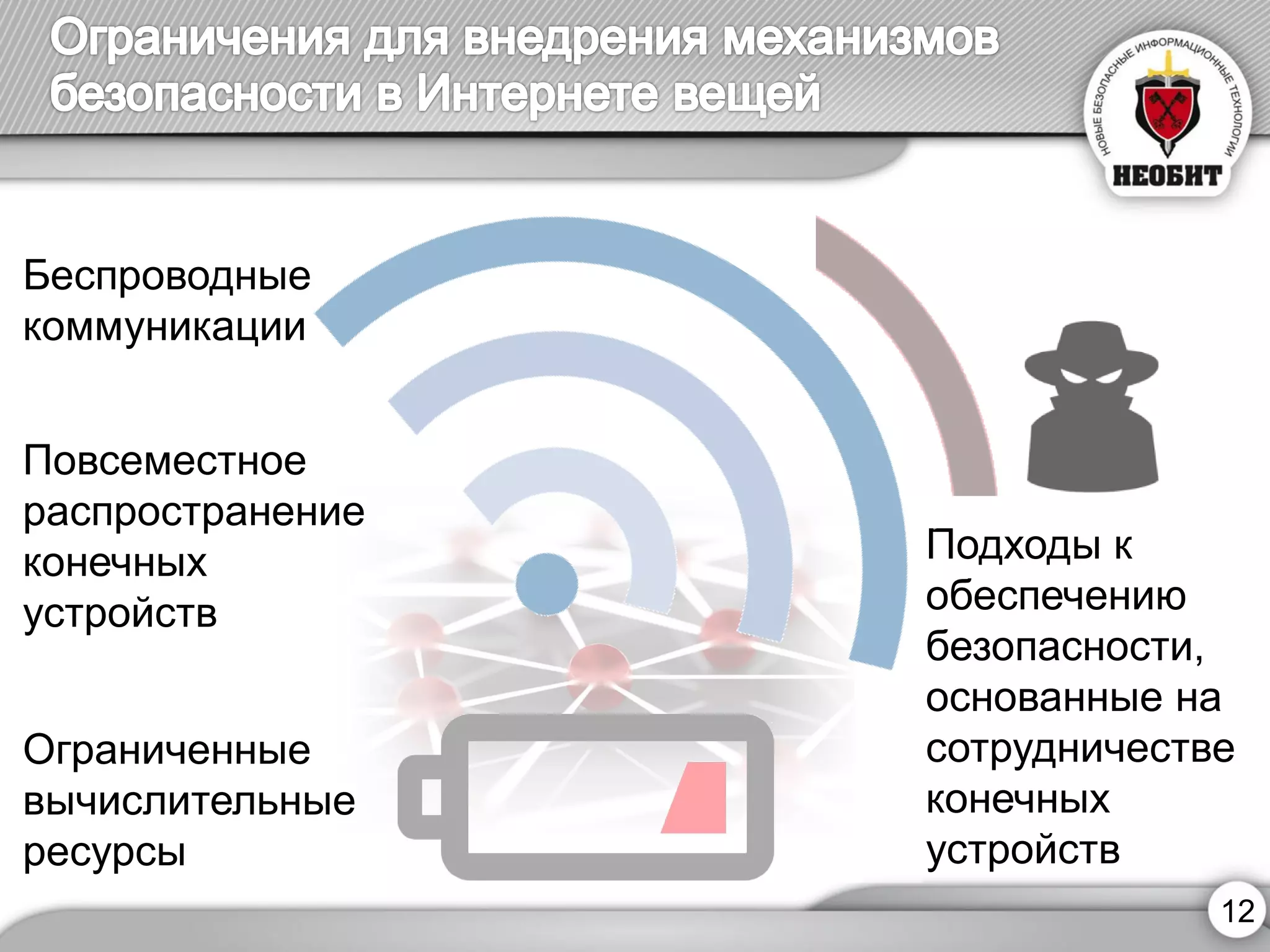 12 
Ограниченные вычислительные ресурсы 
Повсеместное распространение конечных 
устройств 
Подходы к обеспечению безопасности, основанные на сотрудничестве конечных 
устройств 
Беспроводные коммуникации  