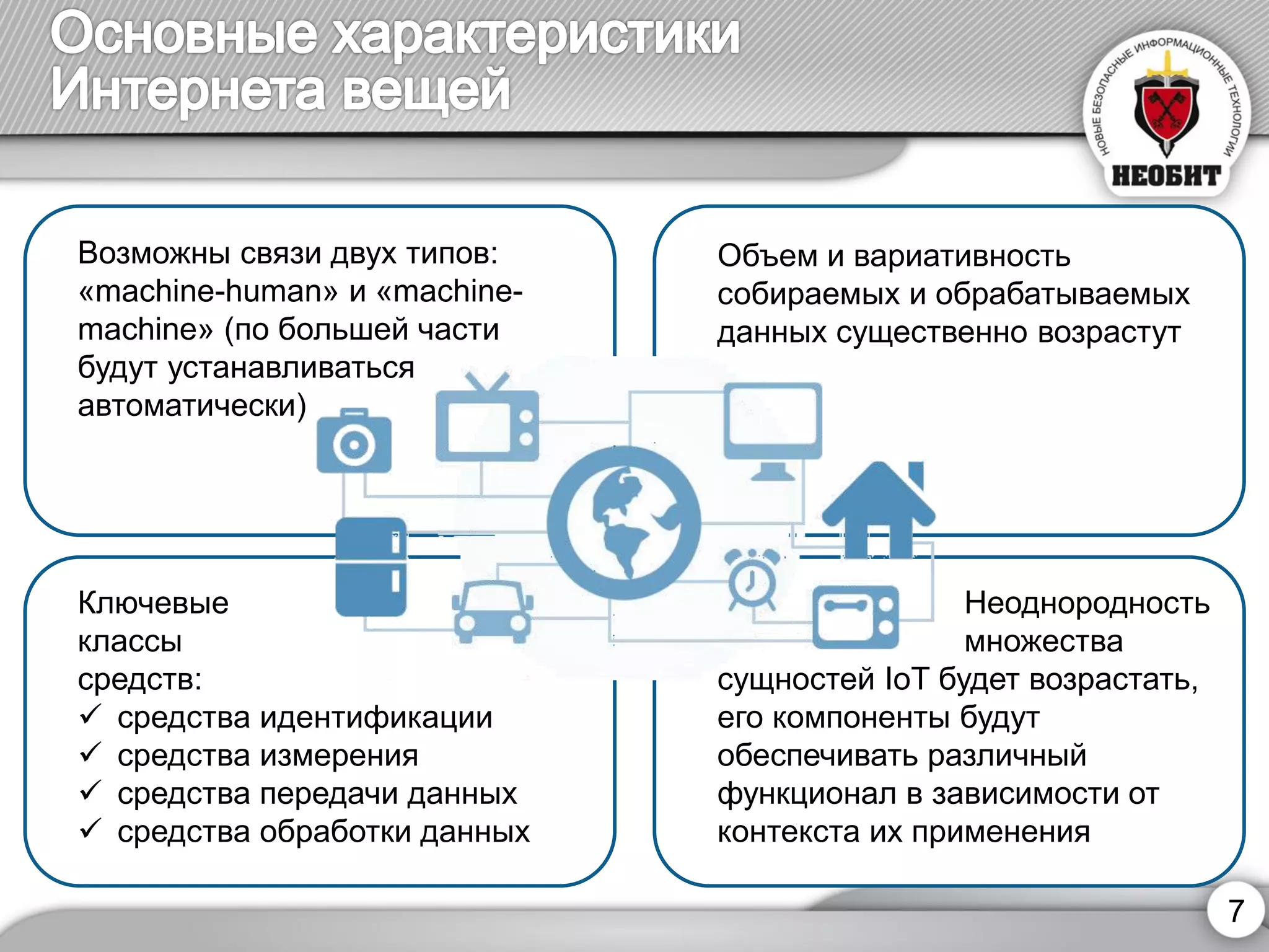 7 
Ключевые 
классы 
средств: 
средства идентификации 
средства измерения 
средства передачи данных 
средства обработки данных 
Возможны связи двух типов: «machine-human» и «machine- machine»(по большей части будут устанавливатьсяавтоматически) 
Объем и вариативность собираемых и обрабатываемых данных существенно возрастут 
Неоднородность 
множества сущностей IoT будет возрастать, его компоненты будут обеспечивать различный функционал в зависимости от контекста их применения  