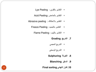 17 
Lye Peeling : • التقشير بالقلوي 
Acid Peeling: • التقشير بالحامض 
Abrasive peeling : • التقشير بالاحتكاك 
Freeze Peeli...