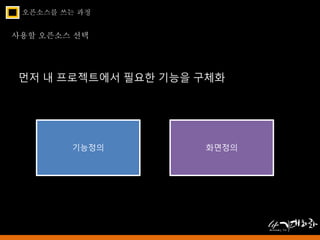 오픈소스를 쓰는 과정 
사용할 오픈소스 선택 
먼저 내 프로젝트에서 필요한 기능을 구체화 
기능정의 화면정의 
 