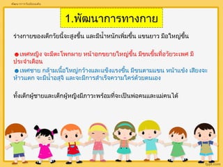 1.พัฒนาการทางกาย 
พัฒนาการวัยมัธยมต้น 
ร่างกายของเด็กวัยนี้จะสูงขึ้น และมีนำ้าหนักเพิ่มขนึ้ แขนยาว มือใหญ่ขึ้น 
☻เพศหญิง จะมีตะโพกผาย หน้าอกขยายใหญ่ขึ้น มีขนขึ้นที่อวัยวะเพศ มี 
ประจำาเดือน 
☻เพศชาย กล้ามเนื้อใหญ่กว้างและแข็งแรงขนึ้ มีขนตามแขน หน้าแข้ง เสียงจะ 
ห้าวแตก จะมีนำ้าอสุจิ และจะมีการสำาเร็จความใคร่ด้วยตนเอง 
ทั้งเด็กผู้ชายและเด็กผู้หญิงมีภาวะพร้อมที่จะเป็นพ่อคนและแม่คนได้ 
 