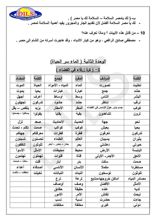 ب ) لك يامصر السلامة السلامة لك يا مصر ( . – - 
- لك يا مصر السلامة أفضل لأن تقديم الجار والمجرور يفيد أهمية السلامة لمصر . 
01 من قائل هذه الأبيات ؟ وماذا تعرف عنه؟ – 
- مصطفى صادق الرافعي ، وهو من كبار الأدباء ، وقد هاجرت أسرته من الشام إلى مصر . 
الوحدة الثانية ) الماء سر الحياة( 
1 ) كرة زرقاء في الفضاء ( - 
الكلمة الم ا ردف المفرد الجمع الكلمة المضاد 
تخليت 
تصورت 
الماء 
المياه الأمواه - 
الحياة 
الموت 
حشد 
جمع 
عبارة 
عبارات 
يحيا 
يموت 
البشر 
الناس 
وسط 
أوساط 
أعرف 
أجهل 
نرقب 
ننتظر 
حشد 
حشود 
تدركون 
تجهلون 
كوكب 
جسم يدور حول الشمس في الفضاء 
المطر 
الأمطار 
يزيد 
ينقص يقل – 
ترون 
تشاهدون 
بقية 
بقايا 
يقولوا 
يسكتوا يصمتوا - 
نحو 
جهة 
الحديث 
الأحاديث 
صعد 
نزل 
يحيا 
يعيش 
كوكب 
كواكب 
صمت 
تكلم تحدث - 
تدركون 
تعرفون 
قطرة 
قطرات 
معرفتكم 
جهلكم 
يثيران 
يسببان 
العالِم 
العلماء 
تحسنون 
تسيئون 
حيرتي 
دهشتي 
بحر 
بحار بحور أبحر – - 
تلوثون 
تنظفون 
اليابسة 
الأرض 
محيط 
محيطات 
الأمثل 
الأسوأ 
الأحق 
الأجدر الأولى - 
قناة 
قنوات 
تهملون 
تهتمون 
صمت 
سكت 
بئر 
آبار 
قلت 
سكتّ صمت – 
مستطردا 
مكملا 
الإنسان 
الأناسي 
أصدقاء 
أعداء 
تلوثون 
توسخون 
النبات 
النباتات 
تخيلت 
تحققت تأكدت – 
مصادر المياه 
أماكن خروجها منابع - 
ترعة 
ترع 
الأمثل 
الأفضل 
وصف 
أوصاف 
لديه 
عنده 
حقيقة 
حقائق 
نبحث 
نفتش 
الأمر 
الأمور 
جاءت 
حضرت 
نسبة 
نسب 
دوني 
غيري 
مخلفة 
مخلفات 
 