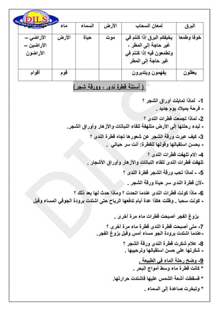 البرق 
لمعان السحاب 
الأرض 
السماء 
ماء 
مياه أمواه - 
خوفا وطمعا 
يخيفكم البرق إذا كنتم في 
غير حاجة إلى المطر ، 
وتطمعون فيه إذا كنتم في 
غير حاجة إلى المطر 
موت 
حياة 
الأرض 
الأراضي – 
الأراضين – 
الأراضون 
يعقلون 
يفهمون ويتدبرون 
قوم 
أقوام 
) أسئلة قطرة ندى ، وورقة شجر( 
0 لماذا تمايلت أوراق الشجر ؟ - 
فرحة بميلاد يوم جديد . - 
5 لماذا تجمعت قطرات الندى ؟ - 
لبدء رحلتها إلى الأرض متلهفة للقاء النباتات والأزهار وأوراق الشجر. - 
3 كيف عبرت ورقة الشجر عن شعورها تجاه قطرة الندى ؟ - 
بحسن استقبالها وقولها للقطرة: أنت سر حياتي . - 
2 إلام تلهفت قطرات الندى ؟ - 
تلهفت قطرات الندى للقاء النباتات والأزهار وأوراق الأشجار . 
2 لماذا تحب ورقة الشجر قطرة الندى ؟ - - 
لأن قطرة الندى سر حياة ورقة الشجر . - 
6 ماذا كونت قطرات الندى عندما اتحدت ؟ وماذا حدث لها بعد ذلك ؟ - 
كونت سحبا . وظلت هكذا عدة أيام تدفعها الرياح حتى اشتدت برودة الجوفي المساء وقبل - 
بزوغ الفجر أصبحت قطرات ماء مرة أخرى . 
7 متى أصبحت قطرة الندى قطرة ماء مرة أخرى ؟ - 
عندما اشتدت برودة الجو مساء أمس وقبل بزوغ الفجر. - 
8 علام شكرت قطرة الندى ورقة الشجر ؟ - 
شكرتها على حسن استقبالها وترحيبها . - 
9 وضح رحلة الماء في الطبيعة . - 
* كانت قطرة ماء وسط أمواج البحر . 
* فسقطت أشعة الشمس عليها فاشتدت حرارتها. 
* وتبخرت صاعدة إلى السماء . 
 