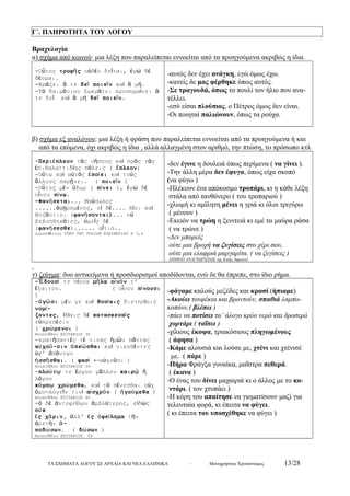Γ΄. ΠΛΗΡΟΤΗΤΑ ΤΟΥ ΛΟΓΟΥ 
Βραχυλογία 
α) σχήμα από κοινού: μια λέξη που παραλείπεται εννοείται από τα προηγούμενα ακριβώς η ίδια. 
-Οὗτος τροφῆς οὐδέν δεῖται, ἐγώ δέ 
δέομαι. 
-Φράζει ἅ τε δεῖ ποιεῖν καί ἅ μή. 
-Τό δαιμόνιον Σωκράτει προσημαίνει ἅ 
τε δεῖ καί ἅ μή δεῖ ποιεῖν. 
-αυτός δεν έχει ανάγκη, εγώ όμως έχω. 
-κανείς δε μας φέρθηκε όπως αυτός. 
-Σε τραγουδά, όπως το πουλί τον ήλιο που ανα- 
τέλλει. 
-εσύ είσαι πλούσιος, ο Πέτρος όμως δεν είναι. 
-Οι ποιηταί παλιώνουν, όπως τα ρούχα. 
β) σχήμα εξ αναλόγου: μια λέξη ή φράση που παραλείπεται εννοείται από τα προηγούμενα ή και 
από τα επόμενα, όχι ακριβώς η ίδια , αλλά αλλαγμένη στον αριθμό, την πτώση, το πρόσωπο κτλ 
-Περιέπλεον τάς νήσους καί πρός τάς 
ἐπιθαλαττιδίας πόλεις ( ἔπλεον) 
-Οὕτω καί αὐτός ἐποίει καί τούς 
ἄλλους παρῄνει. ( ποιεῖν ) 
-Οὗτος μέν ὕδωρ ( πίνει ), ἐγώ δέ 
οἶνον πίνω. 
-Φανήσεται... Μαύσωλος 
......ἀφῃρημένος, οἱ δέ.... Χίοι καί 
Βυζάντιοι (φανήσονται)... οὐ 
βεβοηθηκότες, ὑμεῖς δέ 
(φανήσεσθε)...... αἴτιοι. 
Δημοσθένους ΥΠΕΡ ΤΗΣ ΡΟΔΙΩΝ ΕΛΕΥΘΕΡΙΑΣ Β 3,4 
-δεν έγινε η δουλειά όπως περίμενα ( να γίνει ). 
-Την άλλη μέρα δεν έφυγα, όπως είχα σκοπό 
(να φύγω ) 
-Πλέκουν ένα απόκοσμο τροπάρι, κι η κάθε λέξη 
στάλα από τανθόνερο ( του τροπαριού ) 
-χλωμή κι αμίλητη μένει η γριά κι όλοι τριγύρω 
( μένουν ) 
-Εκειόν να τρώη η ξενιτειά κι εμέ τα μαύρα ράσα 
( να τρώνε ) 
-Δεν μπορείς 
ούτε μια βροχή να ζυγίσεις στο χέρι σου, 
ούτε μια ελαφριά μαργαρίτα. ( να ζυγίσεις ) 
ΣΗΜΕΙΟ ΑΝΑΓΝΩΡΙΣΕΩΣ της Κικής Δημουλά 
γ) ζεύγμα: δυο αντικείμενα ή προσδιορισμοί αποδίδονται, ενώ δε θα έπρεπε, στο ίδιο ρήμα. 
-Ἔδουσί τε πίονα μῆλα οἶνόν τ' 
ἔξαιτον. ( οἶνον πίνουσι 
) 
-ἀγῶσι μέν γε καί θυσίαις διετησίοις 
νομί- 
ζοντες, ἰδίαις δέ κατασκευαῖς 
εὐπρεπέσιν 
( χρώμενοι ) 
Θουκυδίδου ΕΠΙΤΑΦΙΟΣ 38 
-κρατήσαντές τέ τινας ἡμῶν πάντας 
αὐχοῦ-σιν ἀπεῶσθαι καί νικηθέντες 
ὑφ' ἁπάντων 
ἡσσῆσθαι. ( φασί ←αὐχοῦσι ) 
Θουκυδίδου ΕΠΙΤΑΦΙΟΣ 39 
-πλούτῳ τε ἔργου μᾶλλον καιρῷ ἤ 
λόγου 
κόμπῳ χρώμεθα, καί τό πένεσθαι οὐχ 
ὁμο-λογεῖν τινί αἰσχρόν ( ἡγούμεθα ) 
Θουκυδίδου ΕΠΙΤΑΦΙΟΣ 40 
-ὁ δέ ἀντοφείλων ἀμβλύτερος, εἰδώς 
οὐκ 
ἐς χάριν, ἀλλ' ἐς ὀφείλημα τήν 
ἀρετήν ἀ- 
ποδώσων. ( δώσων ) 
Θουκυδίδου ΕΠΙΤΑΦΙΟΣ 40 
-φάγαμε καλούς μεζέδες και κρασί (ήπιαμε) 
-Ακούει τουφέκια και βροντούν, σπαθιά λαμπο- 
κοπάνε.( βλέπει ) 
-πάει να ποτίσει τα’ άλογο κρύο νερό και δροσερό 
χορτάρι ( ταΐσει ) 
-χίλιους έκοψα, τριακόσιους πληγωμένους 
( άφησα ) 
-Κάμε αλουσιά και λούσε με, χτένι και χτένισέ 
με. ( πάρε ) 
-Πήρα Φράγξα γυναίκα, μαΐστρα πεθερά. 
( έκανα ) 
-Ο ένας του δίνει μαχαιριά κι ο άλλος με το κο- 
ντάρι. ( τον χτυπάει ) 
-Η κόρη του απαίτησε να γιοματίσουν μαζί για 
τελευταία φορά, κι έπειτα να φύγει. 
( κι έπειτα του υποσχέθηκε να φύγει ) 
ΤΑ ΣΧΗΜΑΤΑ ΛΟΓΟΥ ΣΕ ΑΡΧΑΙΑ ΚΑΙ ΝΕΑ ΕΛΛΗΝΙΚΑ – Μονοχρήστου Χρυσόστομος 13/28 
 