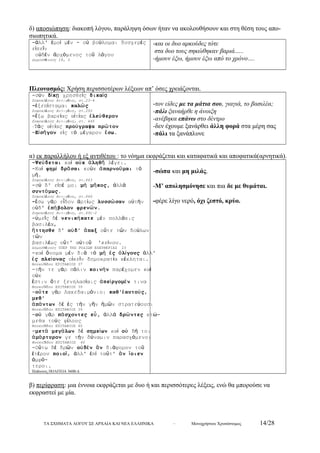 δ) αποσιώπηση: διακοπή λόγου, παράληψη όσων ήταν να ακολουθήσουν και στη θέση τους απο- 
σιωπητικά. 
-ἀλλ' ἐμοί μέν - οὐ βούλομαι δυσχερές 
εἰπεῖν 
οὐδέν ἀρχόμενος τοῦ λόγου 
Δημοσθένους 18, 3 
-και οι δυο αρκούδες τότε 
στα δυο τους σηκώθηκαν βαριά….. 
-ήμουν έξω, ήμουν έξω από το χρόνο…. 
Πλεονασμός: Χρήση περισσοτέρων λέξεων απ’ όσες χρειάζονται. 
-σύν δίκῃ χρησθείς δικαίᾳ 
Σοφοκλέους Αντιγόνη, στ.23-4 
-ἐξεπίσταμαι καλῶς 
Σοφοκλέους Αντιγόνη, στ.293 
-ἔξω βαρείας αἰτίας ἐλεύθερον 
Σοφοκλέους Αντιγόνη, στ. 445 
-Τάς αἰτίας προύγραψα πρῶτον 
-Εἰσῆγον εἰς τό μέγαρον ἔσω. 
-τον είδες με τα μάτια σου, γιαγιά, το βασιλέα; 
-πάλι ξαναήρθε η άνοιξη 
-ανέβηκα επάνω στο δέντρο 
-δεν έχουμε ξανάρθει άλλη φορά στα μέρη σας 
-πάλι τα ξανάπλυνε 
α) εκ παραλλήλου ή εξ αντιθέτου : το νόημα εκφράζεται και καταφατικά και αποφατικά(αρνητικά). 
-Ψεύδεται καί οὐκ ἀληθῆ λέγει. 
-Καί φημί δρᾶσαι κοὐκ ἀπαρνοῦμαι τό 
μή. 
-σώπα και μη μιλάς. 
Σοφοκλέους Αντιγόνη, στ.443 
-σύ δ' εἰπέ μοι μή μῆκος, ἀλλά 
-Μ’ απολησμόνησε και πια δε με θυμάται. 
συντόμως. 
Σοφοκλέους Αντιγόνη, στ.446 
-ἔσω γάρ εἶδον ἀρτίως λυσσῶσαν αὐτήν 
-φέρε λίγο νερό, όχι ζεστό, κρύο. 
οὐδ' ἐπήβολον φρενῶν. 
Σοφοκλέους Αντιγόνη, στ.491-2 
-ὑμεῖς δέ νενικήκατε μέν πολλάκις 
βασιλέα, 
ἥττησθε δ' οὐδ' ἅπαξ οὔτε τῶν δούλων 
τῶν 
βασιλέως οὔτ' αὐτοῦ 'κείνου. 
Δημοσθένους ΥΠΕΡ ΤΗΣ ΡΟΔΙΩΝ ΕΛΕΥΘΕΡΙΑΣ 23 
-καί ὄνομα μέν διά τό μή ἐς ὀλίγους ἀλλ' 
ἐς πλείονας οἰκεῖν δημοκρατία κέκληται. 
Θουκυδίδου ΕΠΙΤΑΦΙΟΣ 37 
-τήν τε γάρ πόλιν κοινήν παρέχομεν καί 
οὐκ 
ἔστιν ὅτε ξενηλασίαις ἀπείργομέν τινα 
Θουκυδίδου ΕΠΙΤΑΦΙΟΣ 39 
-οὔτε γάρ Λακεδαιμόνιοι καθ'ἑαυτούς, 
μεθ' 
ἁπάντων δέ ἐς τήν γῆν ἡμῶν στρατεύουσι 
Θουκυδίδου ΕΠΙΤΑΦΙΟΣ 39 
-οὐ γάρ πάσχοντες εὖ, ἀλλά δρῶντες κτώ- 
μεθα τούς φίλους 
Θουκυδίδου ΕΠΙΤΑΦΙΟΣ 40 
-μετά μεγάλων δέ σημείων καί οὐ δή τοι 
ἀμάρτυρον γε τήν δύναμιν παρασχόμενοι 
Θουκυδίδου ΕΠΙΤΑΦΙΟΣ 40 
-Οὕτω δέ δρῶν οὐδέν ἄν διάφορον τοῦ 
ἑτέρου ποιοῖ, ἀλλ' ἐπί ταὔτ' ἄν ἴοιεν 
ἀμφό- 
τεροι. 
Πλάτωνος ΠΟΛΙΤΕΙΑ 360Β-Δ 
β) περίφραση: μια έννοια εκφράζεται με δυο ή και περισσότερες λέξεις, ενώ θα μπορούσε να 
εκφραστεί με μία. 
ΤΑ ΣΧΗΜΑΤΑ ΛΟΓΟΥ ΣΕ ΑΡΧΑΙΑ ΚΑΙ ΝΕΑ ΕΛΛΗΝΙΚΑ – Μονοχρήστου Χρυσόστομος 14/28 
 