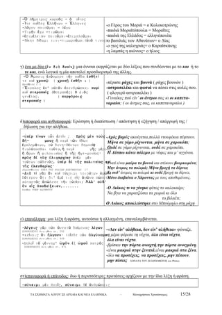 -Ὁ Δήμητρος καρπός = ὁ σῖτος 
-Ἴτε παῖδες Ἑλλήνων = Ἕλληνες 
-Λόγον ποιοῦμαι = λέγω 
-Τιμήν ἔχω =τιμῶμαι 
-ἐπιμέλειαν ποιοῦμαι=ἐπιμελοῦμαι 
-δίκην δίδωμι τινι=τιμωροῦμαι(ὑπό τινος) 
-ο Γέρος του Μοριά = ο Κολοκοτρώνης 
-παιδιά Μοραϊτόπουλα = Μοραΐτες 
-παιδιά της Ελλάδος = ελληνόπουλα 
-ο βασιλιάς των Αθανάτων= ο Δίας 
-ο γιος της καλογριάς= ο Καραϊσκάκης 
-η λαμπάς η αιώνιος= ο ήλιος 
γ) ένα με δύο (ἕν διά δυοῖν): μια έννοια εκφράζεται με δύο λέξεις που συνδέονται με το και ή το 
τε και, ενώ λογικά η μία αποτελεί προσδιορισμό της άλλης. 
-Ὁ Ἄμασις ἐκόσμησε τήν παῖδα ἐσθῆτί 
τε καί χρυσῷ ( χρυσῇ ἐσθῆτ ι ) 
Ηροδότου Γ 1 
-Ἔνοπλος ἐπ' αὐτόν ἐπενθρώσκει πυρί 
καί στεροπαῖς (ἀστραπές) ὁ Διός 
γενέτας. ( πυρφόροις 
στεροπαῖς ) 
-πέρασε ράχες και βουνά ( ράχες βουνών ) 
-αστροπελέκι και φωτιά να πέσει στις αυλές σου. 
( φλογερό αστροπελέκι ) 
-Γυναίκες πού είν’ οι άντροι σας κι οι καπετα- 
ναραίοι; ( οι άντρες σας, οι καπεταναραίοι ) 
δ)υποφορά και ανθυποφορά: Ερώτηση ή διαπίστωση / απάντηση ή εξήγηση / απόρριψή της / 
δήλωση για την αλήθεια. 
-ὑπέρ τίνων οὖν ἐστίν ; Πρός μέν τούς 
δή- μους ἤ περί τῶν ἰδίων 
ἐγκλημάτων, οὐ δυνη-θέντων δημοσίᾳ 
διαλύσασθαι ταῦτα,ἤ περί γῆς μέρους 
ἤ ὅρων ἤ φιλονικίας ἤ τῆς ἡγε-μονίας· 
πρός δέ τάς ὁλιγαρχίας ὑπέρ μέν 
τούτων οὐδενός, ὑπέρ δέ τῆς πολιτείας καί 
τῆς ἐλευθερίας· 
Δημοσθένους ΥΠΕΡ ΤΗΣ ΡΟΔΙΩΝ ΕΛΕΥΘΕΡΙΑΣ 17 
-Διά τί γάρ ἄν καί τύχοιμι τοιούτων ὑμῶν; 
Πότερον ὅτι δι' ἐμέ τις εἰς ἀγῶνα πώποτε 
καταστάς ἀπώλεσε τήν οὐσίαν; Ἀλλ' οὐδ' 
ἄν εἷς ἀποδείξειεν,....... 
Λυσίας ΥΠΕΡ ΑΔΥΝΑΤΟΥ 
-Αχός βαρύς ακούγεται,πολλά ντουφέκια πέφτουν. 
Μήνα σε γάμο ρίχνονται, μήνα σε χαροκόπι; 
Ουδέ σε γάμο ρίχνονται, ουδέ σε χαροκόπι. 
Η Δέσπω κάνει πόλεμο με νύφες και μ’ αγγόνια. 
-Γιατί είναι μαύρα τα βουνά και στέκουν βουρκωμένα; 
Μην άνεμος τα πολεμά; Μήνα βροχή τα δέρνει; 
Κι ουδ’ άνεμος τα πολεμά κι ουδέ βροχή τα δέρνει, 
Μόνο διαβαίνει ο Χάροντας με τους αποθαμένους. 
-Ο Λιάκος τι να γίνηκε φέτος το καλοκαίρι; 
Να βγει να χαρατζώσει τα χωριά κι όλο 
το βιλαέτι; 
Ο Λιάκος αποκλείστηκε στο Μπούμηλο στη ράχη 
ε) επανάληψη: μια λέξη ή φράση, αυτούσια ή αλλαγμένη, επαναλαμβάνεται. 
-Λέγεις γάρ οὐκ ἀνεκτά δαίμονας λέγων 
ΣΟΦΟΚΛΕΟΥΣ Αντιγόνη στ. 282 
-κείνοις ἄν ἤλγουν· τοῖσδε οὐκ ἀλγύνομαι 
ΣΟΦΟΚΛΕΟΥΣ Αντιγόνη στ. 468 
-Δηλοῖ τό γέννημ' ὠμόν ἐξ ὠμοῦ πατρός 
ΣΟΦΟΚΛΕΟΥΣ Αντιγόνη στ. 471 
-«Δεν είν’ αλήθεια, δεν είν’ αλήθεια» φώναζε. 
-η μέρα φόρεσε τη νύχτα, όλα είναι νύχτα, 
όλα είναι νύχτα. 
-βρίσκει την πόρτα ανοιχτή,την πόρτα ανοιγμένη. 
-είναι μακριά στην ξενιτιά,είναι μακριά στα ξένα. 
-όλο να προσέχεις, να προσέχεις, μην πέσουν, 
μην πέσεις ΣΟΝΑΤΑ ΤΟΥ ΣΕΛΗΝΟΦΩΤΟΣ του Ρίτσου 
στ)επαναφορά ή επάνοδος: δυο ή περισσότερες προτάσεις αρχίζουν με την ίδια λέξη ή φράση. 
-σύνειμι μέν θεοῖς, σύνειμι δέ ἀνθρώποις 
ΤΑ ΣΧΗΜΑΤΑ ΛΟΓΟΥ ΣΕ ΑΡΧΑΙΑ ΚΑΙ ΝΕΑ ΕΛΛΗΝΙΚΑ – Μονοχρήστου Χρυσόστομος 15/28 
 