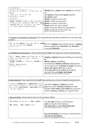 τοῖς ἀγαθοῖς. 
Ξενοφώντος Απομνημονεύματα Β α 32 
-τί οὖν, ὦ ταλαίπωρε, συκοφαντεῖς. τί 
λόγους 
πλάττεις. τί σαυτόν οὐκ 
ἐλλεβορίζεις(παρα- 
φρονείς); 
Δημοσθένους 18, 121 
-μέχρι τούτου Λασθένης φίλος ὠνομάζετο 
Φιλίππου, ἕως προὔδωκεν Ὄλυνθον· μέχρι 
τούτου Εὔδικος καί Σῖμος, Λαρισαῖοι, ἕως 
Θετταλίαν ὑπό Φιλίππῳ ἐποίησαν. 
-Μαύρος ήταν, μαύρα φορεί, μαύρο και το άλογό 
του. 
-Δεν έχουμε ποτάμια, δεν έχουμε πηγάδια, 
δεν έχουμε πηγές 
-Φταίει το ζαβό το ριζικό μας! 
Φταίει ο Θεός που μας μισεί! 
Φταίει το κεφάλι το κακό μας! 
Φταίει πρώτ’ απ’ όλα το κρασί! 
-έλεγα να την πάω δίπλα στο επιπλοποιείο, ….. 
έλεγα να ρίξω ένα σεντόνι πάνω της, 
ΣΟΝΑΤΑ ΤΟΥ ΣΕΛΗΝΟΦΩΤΟΣ του Ρίτσου 
ζ) επιφορά ή αντιστροφή ή επιστροφή: δυο ή περισσότερες προτάσεις τελειώνουν με την ίδια λέξη 
ή φράση. 
-ἐπί σαυτόν καλεῖς, ἐπί τούς νόμους καλεῖς 
ἐπί τήν δημοκρατίαν καλεῖς. 
Αισχύνη 3, 202 
-έτσ’είν’ο κόσμος, πάντα τέτοιος θα είν’ ο κόσμος 
-εμένα η φαμελιά μου δουλεύει, εγώ δουλεύω, 
ο γιος μου δουλεύει 
η) αναδίπλωση ή παλιλλογία: Λέξη ή φράση επαναλαμβάνεται αμέσως με κάποιο προσδιορισμό. 
-ἀλλ' ἵππον, ἵππον οὐκ ἐτόλμησεν ὁ λα- 
μπρός καί πλούσιος οὗτος πρίασθαι. 
Δημοσθένης 21, 174 
-ἕλεσθ' ἕλεσθε μ' οἰκήτορα, ἕλεσθέ με 
Σοφοκλής 
-ἔστιν, ἔστιν ἡσυχία 
Δημοσθένους 18, 408 
-Απρίλη, Απρίλη δροσερέ και Μάη με τα λουλού- 
δια 
-Φεύγει, φεύγει ο προδότης 
-εκεί καίγονται κόκαλα, κόκαλα ανδρειωμένων 
-να σου φυτρώνουν τα φτερά, τα φτερά τα μεγάλα 
-ήμουν έξω, ήμουν έξω από το χρόνο 
-πλην όλα, όλα ταύτα απέβαινον ανωφελή 
-έχω κάτι εδώ μέσα βαρύ, πολύ βαρύ 
ΤΟ ΑΜΑΡΤΗΜΑ ΤΗΣ ΜΗΤΡΟΣ ΜΟΥ του Βιζυηνού(2) 
θ) επαναστροφή: λέξη ή φράση επαναλαμβάνεται αμέσως και ο λόγος συνεχίζεται παρατακτικά. 
-χρήματα λαμβάνουσι, λαμβάνουσι δέ οἱ 
μέν πλούσιοι ὀλίγα, οἱ δέ πτωχοί πολλά. 
-Μοί ζητεῖς περιουσίαν, περιουσία οὐκ ἔχω, 
οὐκ ἔχω χρήματα. 
-από δόξες αλάργα κι αλάργα από μίση 
-βαρώντας γύρου ολόγυρα, ολόγυρα και πέρα 
-θα ζήσω στον κόσμο, στον κόσμο θα μεγαλώσω 
-ψάλλει ο κύκνος, ο κύκνος απ’ αλάργα ψάλλει. 
ι) άρση και θέση: πρώτα αίρεται κάτι και στη συνέχεια τίθεται. 
-Οὐ τοῦτο δίκαιόν ἐστι, ἀλλ' ἐκεῖνο. 
-Μή τοῦτο, ἀλλ' ἐκεῖνο ποίει. 
-εγώ δεν είμαι Τούρκος ουδέ Κόνιαρος, 
είμαι καλογεράκι από ασκηταριό. 
-δεν είναι ξένο το παιδί! Είναι δικό μου! 
ΤΟ ΑΜΑΡΤΗΜΑ ΤΗΣ ΜΗΤΡΟΣ ΜΟΥ του Βιζυηνού 
-όχι η φωτογραφία που κοιτάς με τόση δυσπιστία- 
λέω για την πολυθρόνα. 
ΣΟΝΑΤΑ ΤΟΥ ΣΕΛΗΝΟΦΩΤΟΣ του Ρίτσου 
ΤΑ ΣΧΗΜΑΤΑ ΛΟΓΟΥ ΣΕ ΑΡΧΑΙΑ ΚΑΙ ΝΕΑ ΕΛΛΗΝΙΚΑ – Μονοχρήστου Χρυσόστομος 16/28 
 