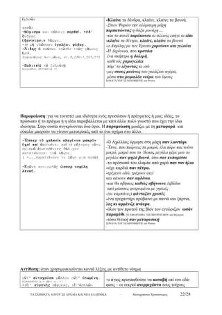 ἐχθρῶν 
κακά; 
-Νόμισμα και πόλεις πορθεῖ, τόδ' 
ἄνδρας 
ἐξανίστησιν δόμων. 
-εἰ μή γλῶσσαν ἐγκλῄοι φόβος. 
-Ἅιδης ὁ παύσων τούσδε τούς γάμους 
ἐμοί. 
Σοφοκλέους Αντιγόνη, στ.9,296-7,505,575 
-Πολιτείᾳ οὐ ζηλούσῃ 
Θουκυδίδου ΕΠΙΤΑΦΙΟΣ 37 
-Κλαίνε τα δένδρα, κλαίνε, κλαίνε τα βουνά. 
-Στων Ψαρών την ολόμαυρη ράχη 
περπατώντας η δόξα μονάχη…. 
-και το πουλί παράκουσε κι αλλιώς επήγε κι είπε 
-κλαίνε τα δέντρα, κλαίνε, κλαίνε τα βουνά 
-ο Απρίλης με τον Έρωτα χορεύουν και γελούνε 
-Η Διχόνοια, που κρατάει 
ένα σκήπτρο η δολερή, 
καθενός χαμογελάει 
πάρ’ το λέγοντας κι εσύ 
-μες στους μυώνες του γαλάζιου αγέρα, 
μέσα στα ρωμαλέα νεύρα του ύψους 
ΣΟΝΑΤΑ ΤΟΥ ΣΕΛΗΝΟΦΩΤΟΣ του Ρίτσου 
Παρομοίωση: για να τονιστεί μια ιδιότητα ενός προσώπου ή πράγματος ή μιας ιδέας, το 
πρόσωπο ή το πράγμα ή η ιδέα παραβάλλεται με κάτι άλλο πολύ γνωστό που έχει την ίδια 
ιδιότητα. Στην ουσία συγκρίνονται δυο όροι. Η παρομοίωση μοιάζει με τη μεταφορά και 
εύκολα μπορούν να γίνουν μετατροπές από το ένα σχήμα στο άλλο. 
-Ὥσπερ τά χαλκεῖα πληγέντα μακρόν 
ἠχεῖ καί ἀποτείνει καί οἱ ρήτορες οὕτω 
σμικρά ἐρωτηθέντες δόλιχον 
κατατείνουσι τοῦ λόγου. 
( =...παρατείνουν το λόγο για πολύ) 
-Ἐφάνη κονιορτός ὥσπερ νεφέλη 
λευκή. 
-Ο Αχιλλέας όρμησε στη μάχη σαν λιοντάρι 
-Ύπνε, που παίρνεις τα μικρά, έλα πάρε και τούτο 
μικρό, μικρό σου το ‘δωκα, μεγάλο φέρε μου το 
μεγάλο σαν ψηλό βουνό, ίσιο σαν κυπαρίσσι. 
-το πρόσωπό του έλαμπε από χαρά σαν τον ήλιο 
-είχε καρδιά σαν πέτρα. 
-τρέχουν εδώ, τρέχουν εκεί 
και κάνουν σαν αηδόνια. 
-και θα σβήσεις καθώς σβήνουνε λιβάδια 
από μάισσες φυτρωμένα με γητειές 
-(οι καμπάνες) φάνταζαν χρυσές 
-ένα τρεχαντήρι πρόβαινε με πανιά και ξάρτια, 
λες κι αρμένιζε ανάερα. 
-όλον τον προτού της βίον τον εγνώριζον ωσάν 
παραμύθι ΤΟ ΑΜΑΡΤΗΜΑ ΤΗΣ ΜΗΤΡΟΣ ΜΟΥ του Βιζυηνού 
-τόσο θετική σαν μεταφυσική 
ΣΟΝΑΤΑ ΤΟΥ ΣΕΛΗΝΟΦΩΤΟΣ του Ρίτσου 
Αντίθεση: όταν χρησιμοποιούνται κοντά λέξεις με αντίθετο νόημα 
οὔτ' εὐτυχοῦσα μᾶλλον οὔτ' ἀτωμένη. 
ΣΟΦΟΚΛΕΟΥΣ Αντιγόνη στ. 17 
-εἴτ' εὐγενής πέφυκας, εἴτ'ἐσθλῶν 
-ο άγιος προσπαθούσε να καταβή επί του εδά- 
φους – οι νεκροί ανερριχώντο τους τοίχους 
ΤΑ ΣΧΗΜΑΤΑ ΛΟΓΟΥ ΣΕ ΑΡΧΑΙΑ ΚΑΙ ΝΕΑ ΕΛΛΗΝΙΚΑ – Μονοχρήστου Χρυσόστομος 22/28 
 