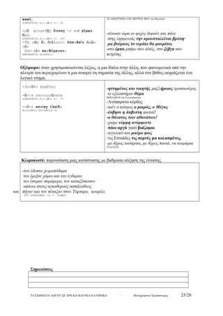 κακή. 
ΣΟΦΟΚΛΕΟΥΣ Αντιγόνη στ. 38 
-μή φευρεθῇς ἄνους τε καί γέρων 
ἅμα. 
ΣΟΦΟΚΛΕΟΥΣ Αντιγόνη στ. 280 
-Τίς γάρ ἄν ἠθέλησεν ἀπειθεῖν ὁρῶν 
τόν 
βασιλέα πειθόμενον; 
ΞΕΝΟΦΩΝΤΟΣ Αγησίλαος 
ΤΟ ΑΜΑΡΤΗΜΑ ΤΗΣ ΜΗΤΡΟΣ ΜΟΥ του Βιζυηνού 
-τέτοιαν ώρα οι ψυχές διψούν και πάνε 
στης λησμονιάς την κρουσταλλένια βρύση· 
μα βούρκος το νεράκι θα μαυρίσει. 
-στο έμπα μπήκε σαν αϊτός, στο ξέβγα σαν 
πετρίτης 
Οξύμωρο: όταν χρησιμοποιούνται λέξεις, η μια δίπλα στην άλλη, που φαινομενικά από την 
πλευρά του περιεχομένου η μια αναιρεί τη σημασία της άλλης, αλλά στο βάθος εκφράζεται ένα 
λογικό νόημα. 
-Σπεῦδε βραδέως 
-ὅσια πανουργήσασα 
ΣΟΦΟΚΛΕΟΥΣ Αντιγόνη στ. 74 
-οὔτε πενίας ἐλπίδι 
Θουκυδίδου ΕΠΙΤΑΦΙΟΣ 42 
-ηττημένος και νικητής μαζί,ήρωας τροπαιούχος 
κι εξιλαστήριο θύμα 
ΜΠΟΛΙΒΑΡ του Εγγονόπουλου 
-Ανύπαρκτο κέρδος 
-αιέν ο κόσμος ο μικρός, ο Μέγας 
-έσβησε η άσβεστη φωτιά! 
-ο θάνατος των αθανάτων! 
-χαίρε νύμφη ανύμφευτε 
-πάω αργά γιατί βιάζομαι 
-αγγελικό και μαύρο φως 
-τις Εστιάδες τις σεμνές μα κολασμένες. 
-με δίχως κατάρτια, με δίχως πανιά, να κοιμάμαι 
ΤΡΑΓΟΥΔΙ 
Κλιμακωτό: παρουσίαση μιας κατάστασης με βαθμιαία αύξηση της έντασης. 
-τον έδεσαν χειροπόδαρα 
τον έριξαν χάμω και τον έγδαραν 
τον έσυραν παράμερα, τον καταξέσκισαν 
απάνω στους αγκαθερούς ασπάλαθους 
και πήγαν και τον πέταξαν στον Τάρταρο, κουρέλι. 
ΕΠΙ ΑΣΠΑΛΑΘΩΝ του Γ. Σεφέρη 
Σημειώσεις 
ΤΑ ΣΧΗΜΑΤΑ ΛΟΓΟΥ ΣΕ ΑΡΧΑΙΑ ΚΑΙ ΝΕΑ ΕΛΛΗΝΙΚΑ – Μονοχρήστου Χρυσόστομος 23/28 
 