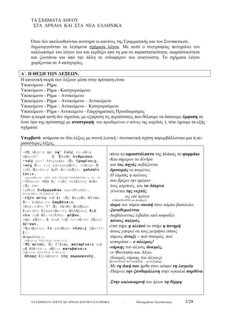 ΤΑ ΣΧΗΜΑΤΑ ΛΟΓΟΥ 
ΣΤΑ ΑΡΧΑΙΑ ΚΑΙ ΣΤΑ ΝΕΑ ΕΛΛΗΝΙΚΑ 
Όταν δεν ακολουθούνται αυστηρά οι κανόνες της Γραμματικής και του Συντακτικού, 
δημιουργούνται τα λεγόμενα σχήματα λόγου. Με αυτά ο συγγραφέας πετυχαίνει τον 
καλλωπισμό του λόγου του και κερδίζει από τη μια σε παραστατικότητα, εκφραστικότητα 
και ζωντάνια και από την άλλη το ενδιαφέρον του αναγνώστη. Τα σχήματα λόγου 
χωρίζονται σε 4 κατηγορίες. 
Α΄. Η ΘΕΣΗ ΤΩΝ ΛΕΞΕΩΝ. 
Η κανονική σειρά των λέξεων μέσα στην πρόταση είναι: 
Υποκείμενο - Ρήμα 
Υποκείμενο - Ρήμα - Κατηγορούμενο 
Υποκείμενο - Ρήμα – Αντικείμενο 
Υποκείμενο - Ρήμα – Αντικείμενο – Αντικείμενο 
Υποκείμενο - Ρήμα – Αντικείμενο – Κατηγορούμενο 
Υποκείμενο - Ρήμα - Αντικείμενο - Επιρρηματικός Προσδιορισμός 
Όταν η σειρά αυτή δεν τηρείται, με εξαίρεση τις περιπτώσεις που θέλουμε να δώσουμε έμφαση σε 
έναν όρο της πρότασης( με αναστροφή: του προδομένου ο πόνος της καρδιάς ), τότε έχουμε τα εξής 
σχήματα: 
Υπερβατό: ανάμεσα σε δύο λέξεις με στενή λογική / συντακτική σχέση παρεμβάλλονται μια ή πε- 
ρισσότερες λέξεις. 
-Μή λέγετε ὡς ὑφ' ἑνός τοιαῦτα 
πέπονθ' ἡ Ἑλλάς ἀνθρώπου. 
-τοῖς μετ' ἰσηγορίας ζῆν ἡρημένοις. 
-οὐχ ὅτι τις κατηγορήσει τούτων ἤ 
τοῖς ἄλ-λοις ὑμῖν ἐπιπλήξει χαλεπόν 
ἐστιν. 
Δημοσθένους ΥΠΕΡ ΤΗΣ ΡΟΔΙΩΝ ΕΛΕΥΘΕΡΙΑΣ Δ 18, 34 
-δίκαιον τήν ἐς τούς πολέμους ὑπέρ 
τῆς πα- 
τρίδος ἀνδραγαθίαν προτίθεσθαι. 
Θουκυδίδου ΕΠΙΤΑΦΙΟΣ 42 
-ἐξόν αὐτῷ καί ἐκ τῆς ἀγορᾶς ἀδεῶς 
ὅτι βούλοιτο λαμβάνειν. 
-ἐπαινοῖεν δ' ἄν αὐτόν ἀλλήλων 
ἐναντίον ἐξαπατῶντες ἀλλήλους διά 
τόν τοῦ ἀδι-κεῖσθαι φόβον. 
-ὡς φήσει ὁ περί τοῦ τοιούτου λόγου 
λέ-γων. 
-ἡγούμενοι ἐν μακάρων νήσοις ζῶντες 
ἔτι 
ἀπῳκίσθαι; 
Πλάτωνος ΠΟΛΙΤΕΙΑ 360Β-Δ(3) 
-Τό αὐτοῦ, ἦν δ'ἐγώ, καταμένειν καί 
μή ἐθέ-λειν πάλιν καταβαίνειν 
Πλάτωνος ΠΟΛΙΤΕΙΑ 519Β-Δ(2) 
-Πάσας ἐξελύσατε τάς παρασκευάς. 
-πίνω το ωριοστάλακτο της πλάκας το φαρμάκι. 
-Και σήμερον τα δένδρα 
και τας πηγάς σεβάζονται 
δροσεράς οι ποιμένες. 
-Η λαμπάς η αιώνιος 
σου βρέχει την ημέραν 
τους καρπούς, και τα δάκρυα 
γίνονται της νυχτός 
εις εσέ κρίνοι 
Ο ΦΙΛΟΠΑΤΡΙΣ του Κάλβου(2) 
-άκρα του τάφου σιωπή στον κάμπο βασιλεύει. 
-ξαναθυμούνται 
διαβαίνοντας λιβάδια από ασφοδίλι 
πόνους παλιούς 
-έτσι πήρε η αλεπού το στάρι η πονηρή 
-ποιος μπορεί να τους μετρήσει όσους 
τάφους άνοιξε – πού σταυρός, πού 
κυπαρίσσι – ο πόλεμος! 
-νάρκης του άλγους δοκιμές, 
εν Φαντασία και Λόγω. 
(δοκιμές νάρκης του άλγους) 
ΜΕΛΑΓΧΟΛΙΑ ΤΟΥ ΙΑΣΩΝΟΣ …του Κ.Καβάφη 
-Με τη δική σου ήρθα στον κόσμο τη λατρεία. 
-Παίρνει την ξανθομάλλινη στην αγκαλιά παρθένα. 
-Στην καλοκαιρινή του ήλιου τη θέρμη. 
ΤΑ ΣΧΗΜΑΤΑ ΛΟΓΟΥ ΣΕ ΑΡΧΑΙΑ ΚΑΙ ΝΕΑ ΕΛΛΗΝΙΚΑ – Μονοχρήστου Χρυσόστομος 3/28 
 