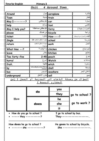 Time for English Primary 3 
Unit 4 Around Town 
Around حول aeroplane طائرة 
Town مدينة train قطار 
May I--------? هل يمكننى car سيارة 
help يساعد taxi تاكسى 
May I help you? ؟ هل يمكننى مساعدتك ferry ) العبارة ) سفينة 
please من فضلك bicycle دراجة 
ticket تذكرة How----? ) كيف ) للسؤال عن الوسيلة 
Single مفرد / تذكرة ذهاب فقط school مدرسة 
عودة / تذكرة ذهاب work العمل 
وعودة 
return 
What time --? ؟ ما الوقت chicken لحم دجاج 
leave يغادر kitchen مطبخ 
Two forty-five 2:45 peach خوخ 
hurry! أسرع Watch ساعة يد 
fruit. فاكهة witch ساحرة 
بواسطة / حرف جر يأتى قبل وسائل shell صدفة 
by االمواصلات 
bus اتوبيس seashore شاطئ البحر 
underground مترو الانفاق sell يبيع 
السؤال عن وسيلة الذهاب الى المدرسة أو العمل ) زمن 
المضارع البسيط ( 
go to school ? 
go to work ? 
you 
do 
How 
they 
he 
does she 
it 
 How do you go to school ? I go to school by bus. 
 ----- they ----------? They-------------------. 
_________________________________________________________ 
How does he go to school ? He goes to school by bicycle. 
 ------- she -----------? She -------------------. 
 