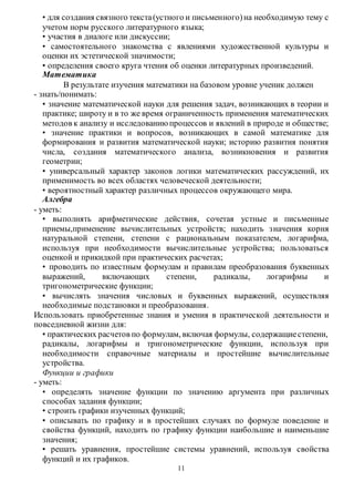• для создания связного текста (устного и письменного) на необходимую тему с 
учетом норм русского литературного языка; 
• участия в диалоге или дискуссии; 
• самостоятельного знакомства с явлениями художественной культуры и 
оценки их эстетической значимости; 
• определения своего круга чтения об оценки литературных произведений. 
Математика 
В результате изучения математики на базовом уровне ученик должен 
11 
- знать/понимать: 
• значение математической науки для решения задач, возникающих в теории и 
практике; широту и в то же время ограниченность применения математических 
методов к анализу и исследованию процессов и явлений в природе и обществе; 
• значение практики и вопросов, возникающих в самой математике для 
формирования и развития математической науки; историю развития понятия 
числа, создания математического анализа, возникновения и развития 
геометрии; 
• универсальный характер законов логики математических рассуждений, их 
применимость во всех областях человеческой деятельности; 
• вероятностный характер различных процессов окружающего мира. 
Алгебра 
- уметь: 
• выполнять арифметические действия, сочетая устные и письменные 
приемы,применение вычислительных устройств; находить з начения корня 
натуральной степени, степени с рациональным показателем, логарифма, 
используя при необходимости вычислительные устройства; пользоваться 
оценкой и прикидкой при практических расчетах; 
• проводить по известным формулам и правилам преобразования буквенных 
выражений, включающих степени, радикалы, логарифмы и 
тригонометрические функции; 
• вычислять значения числовых и буквенных выражений, осуществляя 
необходимые подстановки и преобразования. 
Использовать приобретенные знания и умения в практической деятельности и 
повседневной жизни для: 
• практических расчетов по формулам, включая формулы, содержащие степени, 
радикалы, логарифмы и тригонометрические функции, используя при 
необходимости справочные материалы и простейшие вычислительные 
устройства. 
Функции и графики 
- уметь: 
• определять значение функции по значению аргумента при различных 
способах задания функции; 
• строить графики изученных функций; 
• описывать по графику и в простейших случаях по формуле поведение и 
свойства функций, находить по графику функции наибольшие и наименьшие 
значения; 
• решать уравнения, простейшие системы уравнений, используя свойства 
функций и их графиков. 
 