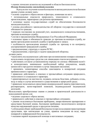 • оценки этических аспектов исследований в области биотехнологии. 
Основы безопасности жизнедеятельности 
В результате изучения основ безопасности жизнедеятельности на базовом 
уровне ученик должен знать: 
• основы здорового образа жизни и факторы, влияющие на него; 
• потенциальные опасности природного, техногенного и социального 
происхождения, характерные для региона проживания; 
• основные задачи государственных служб по обеспечению безопасности 
жизнедеятельности; 
• основы российского законодательства об обороне государства и вои нской 
обязанности граждан; 
• порядок постановки на воинский учет, медицинского освидетельствования, 
призыва на военную службу; 
• состав и предназначение Вооруженных Сил Российской Федерации; 
• основные права и обязанности граждан до призыва на военную службу, во 
время прохождения военной службы и пребывания в запасе; 
• особенности прохождения военной службы по призыву и по контракту; 
альтернативной гражданской службы; 
• предназначение, структуру и задачи РСЧС; 
• предназначение, структуру и задачи гражданской обороны; 
21 
должен уметь: 
• выполнять последовательно действия при возникновении пожара в жилище и 
использовать подручные средства для ликвидации очагов возгорания; 
• действовать согласно установленному порядку по сигналу «Внимание всем!» 
и комплектовать минимально необходимый набор документов, вещей, 
ценностей и продуктов питания в случае эвакуации населения; 
• применять элементарные способы самозащиты в конкретной ситуации 
криминогенного характера; 
• правильно действовать в опасных и чрезвычайных ситуациях природного, 
техногенного и социального характера; 
• ориентироваться на местности, подавать сигналы бедствия, добывать огонь, 
воду и пищу в случае автономного существования в природной среде; 
• правильно пользоваться средствами индивидуальной защиты (противогазом, 
респиратором, ватно-марлевой повязкой, индивидуальной медицинской 
аптечкой). 
Использовать приобретенные знания и умения в практической деятельности и 
повседневной жизни для: 
• ведения здорового образа жизни; 
• правильного действия в опасных и чрезвычайных ситуациях; 
• умения пользоваться бытовыми приборами, лекарственными препаратами и 
средствами бытовой химии, бытовыми приборами экологического контроля 
качества окружающей среды и продуктов питания; 
• соблюдения общих требований безопасности при пользовании транспортными 
средствами, при нахождении на улице, правила поведения на воде, меры 
пожарной и инфекционной безопасности; 
• оказания первой медицинской помощи в неотложных ситуациях; 
 