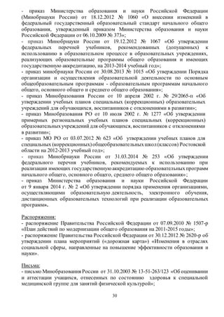 - приказ Министерства образования и науки Российской Федерации 
(Минобрнауки России) от 18.12.2012 № 1060 «О внесении изменений в 
федеральный государственный образовательный стандарт начального общего 
образования, утвержденный приказом Министерства образования и науки 
Российской Федерации от 06.10.2009 № 373»; 
- приказ Минобрнауки России от 19.12.2012 № 1067 «Об утверждении 
федеральных перечней учебников, рекомендованных (допущенных) к 
использованию в образовательном процессе в образовательных учреждениях, 
реализующих образовательные программы общего образования и имеющих 
государственную аккредитацию, на 2013-2014 учебный год»; 
- приказ минобрнауки России от 30.08.2013 № 1015 «Об утверждении Порядка 
организации и осуществления образовательной деятельности по основным 
общеобразовательным программам - образовательным программам начального 
общего, основного общего и среднего общего образования»; 
- приказ Минобразования России от 10 апреля 2002 г. № 29/2065-п «Об 
утверждении учебных планов специальных (коррекционных) образовательных 
учреждений для обучающихся, воспитанников с отклонениями в развитии»; 
- приказ Минобразования РО от 10 июля 2002 г. № 1277 «Об утверждении 
примерных региональных учебных планов специальных (коррекционных) 
образовательных учреждений для обучающихся, воспитанников с отклонениями 
в развитии»; 
- приказ МО РО от 03.07.2012 № 623 «Об утверждении учебных планов для 
специальных (коррекционных) общеобразовательных школ (классов) Ростовской 
области на 2012-2013 учебный год»; 
- приказ Минобрнауки России от 31.03.2014 № 253 «Об утверждении 
федерального перечня учебников, рекомендуемых к использованию при 
реализации имеющих государственную аккредитацию образовательных программ 
начального общего, основного общего, среднего общего образования» ; 
- приказ Министерства образования и науки Российской Федерации 
от 9 января 2014 г. № 2 «Об утверждении порядка применения организациями, 
осуществляющими образовательную деятельность, электронного обучения, 
дистанционных образовательных технологий при реализации образовательных 
программ». 
Распоряжения: 
- распоряжение Правительства Российской Федерации от 07.09.2010 № 1507-р 
«План действий по модернизации общего образования на 2011-2015 годы»; 
- распоряжение Правительства Российской Федерации от 30.12.2012 № 2620-р об 
утверждении плана мероприятий («дорожная карта») «Изменения в отраслях 
социальной сферы, направленные на повышение эффективности образования и 
науки». 
Письма: 
- письмо Минобразования России от 31.10.2003 № 13-51-263/123 «Об оценивании 
и аттестации учащихся, отнесенных по состоянию здоровья к специальной 
медицинской группе для занятий физической культурой»; 
30 
 