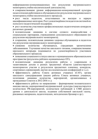 информационно-коммуникационных (по результатам внутришкольного 
мониторинга учебно-воспитательной деятельности); 
 совершенствование уровня информационно-коммуникативной культуры 
педагогических работников и обучающихся (по результатам внутришкольного 
мониторинга учебно-воспитательного процесса); 
 рост числа педагогов, аттестованных на высшую и первую 
квалификационные категории. Рост удовлетворённости педагогов системой их 
психолого-педагогической поддержки; 
 рост количества участников профессиональных педагогических конкурсов 
различных уровней; 
 положительная динамика в системе сетевого взаимодействия с 
социальными партнерами, учреждениями дополнительного образования (по 
результатам внутришкольного мониторинга); 
 сохранение, положительная динамика здоровья обучающихся и педагогов 
(по результатам внутришкольного мониторинга); 
 снижение количества обучающихся, страдающих хроническими 
заболеваниями. Улучшение качества школьного питания, совершенствование 
школьного интерьера (оценивается по удовлетворённости участников 
образовательного процесса); 
 повышение социального статуса школы в муниципальном образователь ном 
пространстве (результаты рейтинга муниципальных ОУ); 
 положительная динамика результатов работы с одаренными и 
талантливыми детьми в разных предметных областях (диагностируется 
мониторингом участия и результатов предметных олимпиад, конкурсов, 
спортивных соревнований, научно-исследовательских конференций и т.д.); 
 эффективность работы Совета активных учащихся (САУ), органа 
школьного самоуправления (анализ работы Совета активных учащихся, 
позитивная динамика количества мероприятий, организованных и 
проведенных Советом в 2012-2016 гг.); 
 эффективность работы по направлению – формирование положительного 
имиджа школы, корпоративной внутришкольной культуры (диагностируется 
количеством PR-мероприятий, количеством публикаций в СМИ разного 
уровня о деятельности школы, изданием собственной школьной газеты, 
рекламных материалов, педагогических, методических брошюр и др.). 
74 

