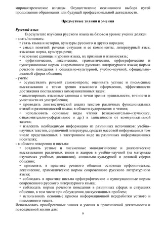 мировоззренческие взгляды. Осуществление осознанного выбора путей 
продолжения образования или будущей профессиональной деятельности. 
Предметные знания и умения 
9 
Русский язык 
В результате изучения русского языка на базовом уровне ученик должен 
- знать/понимать: 
• связь языка и истории, культуры русского и других народов; 
• смысл понятий: речевая ситуация и ее компо ненты, литературный язык, 
языковая норма, культура речи; 
• основные единицы и уровни языка, их признаки и взаимосвязь; 
• орфоэпические, лексические, грамматические, орфографические и 
пунктуационные нормы современного русского литературного языка; нормы 
речевого поведения в социально-культурной, учебно-научной, официально- 
деловой сферах общения; 
- уметь: 
• осуществлять речевой самоконтроль; оценивать устные и письменные 
высказывания с точки зрения языкового оформления, эффективности 
достижения поставленных коммуникативных задач; 
• анализировать языковые единицы с точки зрения правильности, точности и 
уместности их употребления; 
• проводить лингвистический анализ текстов различных функциональных 
стилей и разновидностей языка; в области аудирования и чтения; 
• использовать основные виды чтения (ознакомительно-изучающее, 
ознакомительно-реферативное и др.) в зависимости от коммуникативной 
задачи; 
• извлекать необходимую информацию из различных источников: учебно - 
научных текстов, справочной литературы, средств массовой информации, в том 
числе представленных в электронном виде на различных информационных 
носителях; 
- в области говорения и письма: 
• создавать устные и письменные монологические и диалогические 
высказывания различных типов и жанров в учебно-научной (на материале 
изучаемых учебных дисциплин), социально-культурной и деловой сферах 
общения; 
• применять в практике речевого общения основные орфоэпические, 
лексические, грамматические нормы современного русского литературного 
языка; 
• соблюдать в практике письма орфографические и пунктуационные нормы 
современного русского литературного языка; 
• соблюдать нормы речевого поведения в различных сферах и ситуациях 
общения, в том числе при обсуждении дискуссионных проблем; 
• использовать основные приемы информационной переработки устного и 
письменного текста. 
Использовать приобретенные знания и умения в практической деятельности и 
повседневной жизни для: 
 