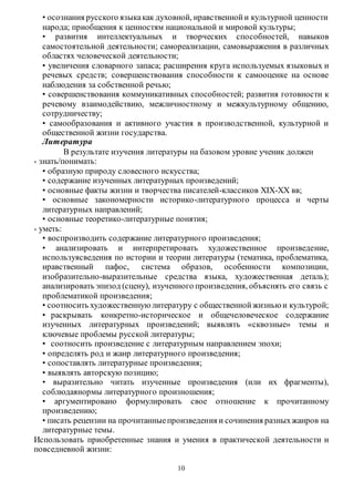 • осознания русского языка как духовной, нравственной и культурной ценности 
народа; приобщения к ценностям национальной и мировой культуры; 
• развития интеллектуальных и творческих способностей, навыков 
самостоятельной деятельности; самореализации, самовыражения в различных 
областях человеческой деятельности; 
• увеличения словарного запаса; расширения круга используемых языковых и 
речевых средств; совершенствования способности к самооценке на основе 
наблюдения за собственной речью; 
• совершенствования коммуникативных способностей; развития готовности к 
речевому взаимодействию, межличностному и межкультурному общению, 
сотрудничеству; 
• самообразования и активного участия в производственной, культурной и 
общественной жизни государства. 
Литература 
В результате изучения литературы на базовом уровне ученик должен 
10 
- знать/понимать: 
• образную природу словесного искусства; 
• содержание изученных литературных произведений; 
• основные факты жизни и творчества писателей-классиков XIX-XX вв; 
• основные закономерности историко-литературного процесса и черты 
литературных направлений; 
• основные теоретико-литературные понятия; 
- уметь: 
• воспроизводить содержание литературного произведения; 
• анализировать и интерпретировать художественное произведение, 
используясведения по истории и теории литературы (тематика, проблематика, 
нравственный пафос, система образов, особенности композиции, 
изобразительно-выразительные средства языка, художественная деталь); 
анализировать эпизод (сцену), изученного произведения, объяснять его связь с 
проблематикой произведения; 
• соотносить художественную литературу с общественной жизнью и культурой; 
• раскрывать конкретно-историческое и общечеловеческое содержание 
изученных литературных произведений; выявлять «сквозные» темы и 
ключевые проблемы русской литературы; 
• соотносить произведение с литературным направлением эпохи; 
• определять род и жанр литературного произведения; 
• сопоставлять литературные произведения; 
• выявлять авторскую позицию; 
• выразительно читать изученные произведения (или их фрагменты), 
соблюдаянормы литературного произношения; 
• аргументировано формулировать свое отношение к прочитанному 
произведению; 
• писать рецензии на прочитанные произведения и сочинения разных жанров на 
литературные темы. 
Использовать приобретенные знания и умения в практической деятельности и 
повседневной жизни: 
 