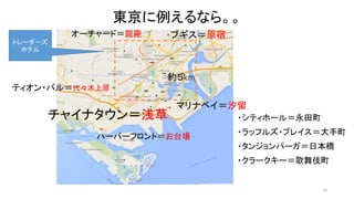 10 
東京に例えるなら。。 
ブギス＝原宿 
約５km 
オーチャード＝銀座 
ティオン・バル＝代々木上原 
マリナベイ＝汐留 
チャイナタウン＝浅草 
ハーバーフロント＝お台場 
・シティホール＝永田町 
・ラッフルズ・プレイス＝大手町 
・タンジョンパーガ＝日本橋 
・クラークキー＝歌舞伎町 
トレーダーズ 
ホテル 
 