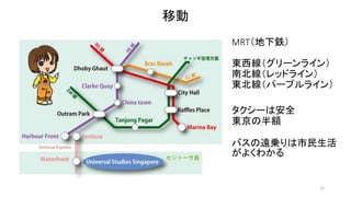12 
MRT（地下鉄） 
東西線（グリーンライン） 
南北線（レッドライン） 
東北線（パープルライン） 
移動 
タクシーは安全 
東京の半額 
バスの遠乗りは市民生活 
がよくわかる 
 