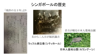 シンガポールの歴史 
6 
ラッフル卿立像（シティホール） 
「南洋の五十年」より 
右から二人目が福沢諭吉 
音吉が眠る日本人墓地公園 
日本人墓地公園（セラングーン） 
 