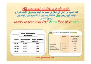 HX الثبات الحراري لھالیدات الھیدروجین 
كلما اتجھنا من اعلى الى اسفل في مجموعة الھالوجینات یقل الثبات الحراري 
لھالید الھیدروجین وتقل طاقة الرابطة بین ذرة الھیدروجین والھالوجین 
ویسھل تفككھا. 
السبب: لأن طول الرابطة یزداد فیقل التجاذب بین ذرة الھیدروجین والھالوجین 
١٥ 
www.ganimchem.com 
 