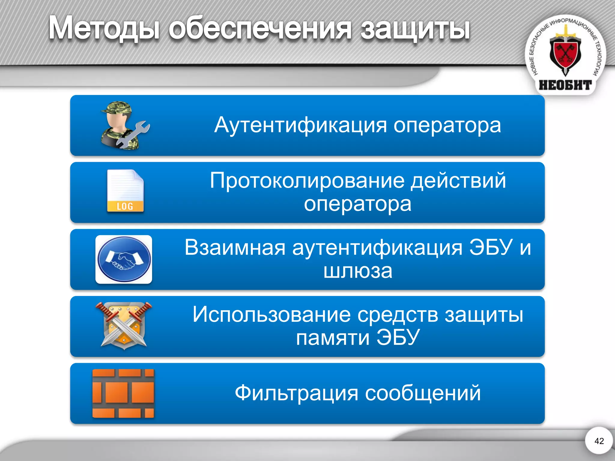 Аутентификация оператора 
Протоколирование действий оператора 
Взаимная аутентификация ЭБУ и шлюза 
Использование средств защиты памяти ЭБУ 
Фильтрация сообщений 
42 
 