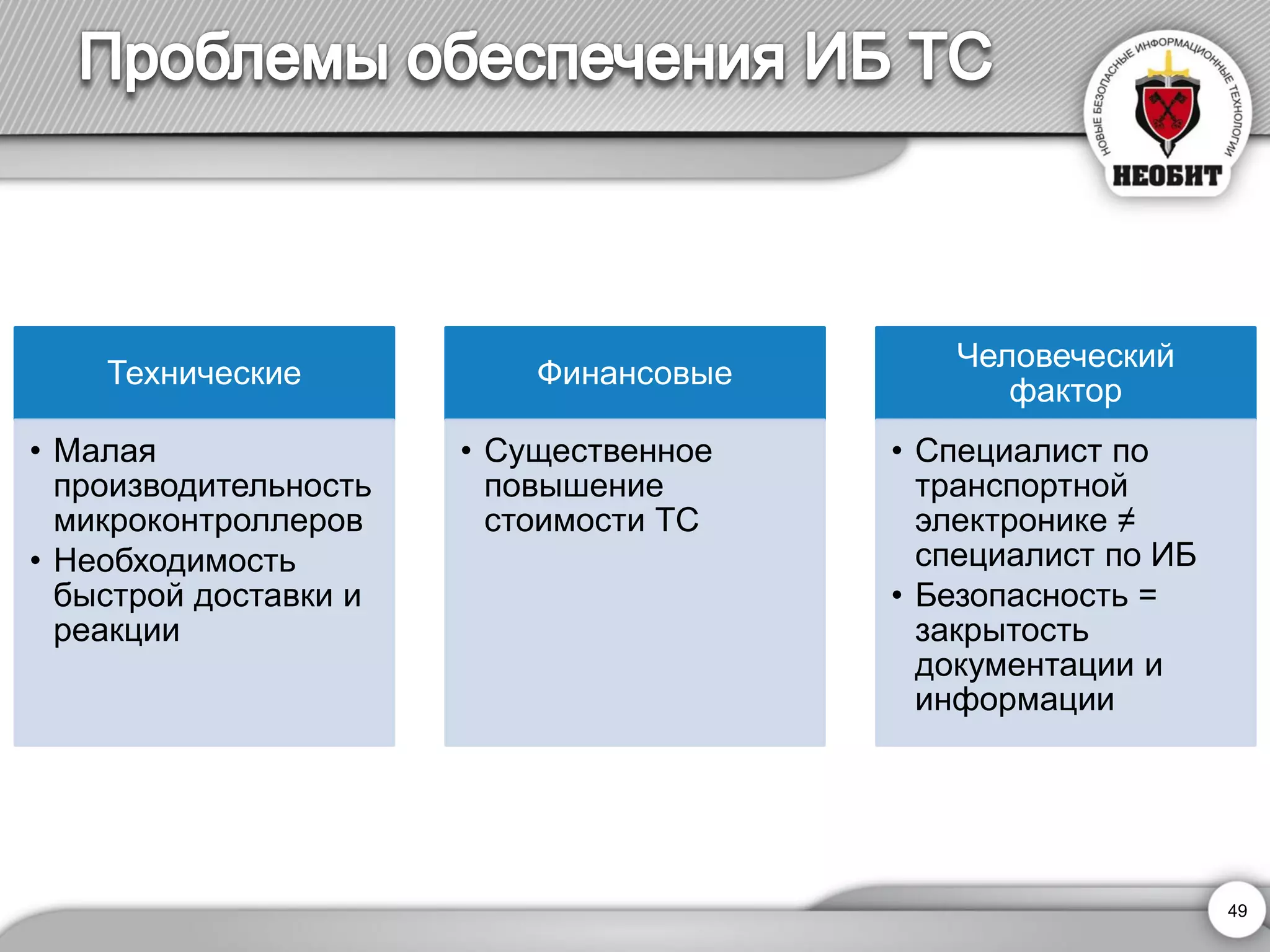 Технические 
•Малая производительность микроконтроллеров 
•Необходимость быстрой доставки и реакции 
Финансовые 
•Существенное повышение стоимости ТС 
Человеческий фактор 
•Специалист по транспортной электронике ≠ специалист по ИБ 
•Безопасность = закрытость документации и информации 
49 
 