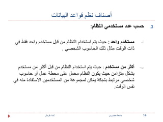 أصناف نظم قواعد البيانات 
3. حسب عدد مستخدمي النظام: 
أ- مستخدم واحد : حيث يتم استخدام النظام من قبل مستخدم واحد فقط في 
ذات الوقت مثال ذلك الحاسوب الشخصي . 
ب- أكثر من مستخدم : حيث يتم استخدام النظام من قبل أكثر من مستخدم 
بشكل متزامن حيث يكون النظام محمل على محطة عمل أو حاسوب 
شخصي مرتبط بشبكة يمكن لمجموعة من المستخدمين الاستفادة منه في 
نفس الوقت. 
14 جامعة خضوري أ.فداء قرمش 
 