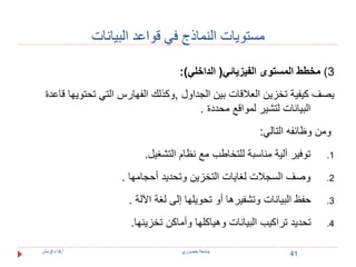 41 
مستويات النماذج في قواعد البيانات 
3( مخطط المستوى الفيزيائي) الداخلي(: 
يصف كيفية تخزين العلاقات بين الجداول ,وكذلك الفهارس التي تحتويها قاعدة 
البيانات لتشير لمواقع محددة . 
ومن وظائفه التالي: 
1. توفير آلية مناسبة للتخاطب مع نظام التشغيل. 
2. وصف السجلات لغايات التخزين وتحديد أحجامها . 
3. حفظ البيانات وتشفيرها أو تحويلها إلى لغة الآلة . 
4. تحديد تراكيب البيانات وهياكلها وأماكن تخزينها. 
جامعة خضوري أ.فداء قرمش 
 