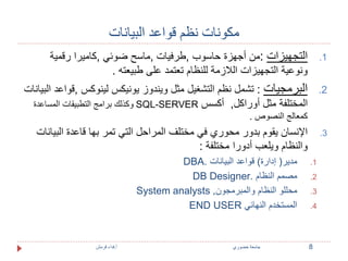 مكونات نظم قواعد البيانات 
1. التجهيزات :من أجهزة حاسوب ,طرفيات ,ماسح ضوئي ,كاميرا رقمية 
ونوعية التجهيزات اللازمة للنظام تعتمد على طبيعته . 
2. البرمجيات : تشمل نظم التشغيل مثل ويندوز يونيكس لينوكس ,قواعد البيانات 
وكذلك برامج التطبيقات المساعدة SQL-SERVER المختلفة مثل أوراكل, أكسس 
كمعالج النصوص . 
3. الإنسان يقوم بدور محوري في مختلف المراحل التي تمر بها قاعدة البيانات 
والنظام ويلعب أدورا مختلفة : 
DBA. 1. مدير) إدارة( قواعد البيانات 
DB Designer. 2. مصمم النظام 
System analysts .ٍ 3. محللو النظام والمبرمجون 
END USER 4. المستخدم النهائي 
8 جامعة خضوري أ.فداء قرمش 
 