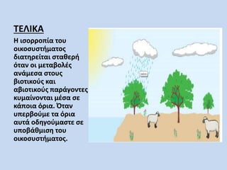 ΤΕΛΙΚΑ 
Η ισορροπία του 
οικοσυστήματος 
διατηρείται σταθερή 
όταν οι μεταβολές 
ανάμεσα στους 
βιοτικούς και 
αβιοτικούς παράγοντες 
κυμαίνονται μέσα σε 
κάποια όρια. Όταν 
υπερβούμε τα όρια 
αυτά οδηγούμαστε σε 
υποβάθμιση του 
οικοσυστήματος. 

