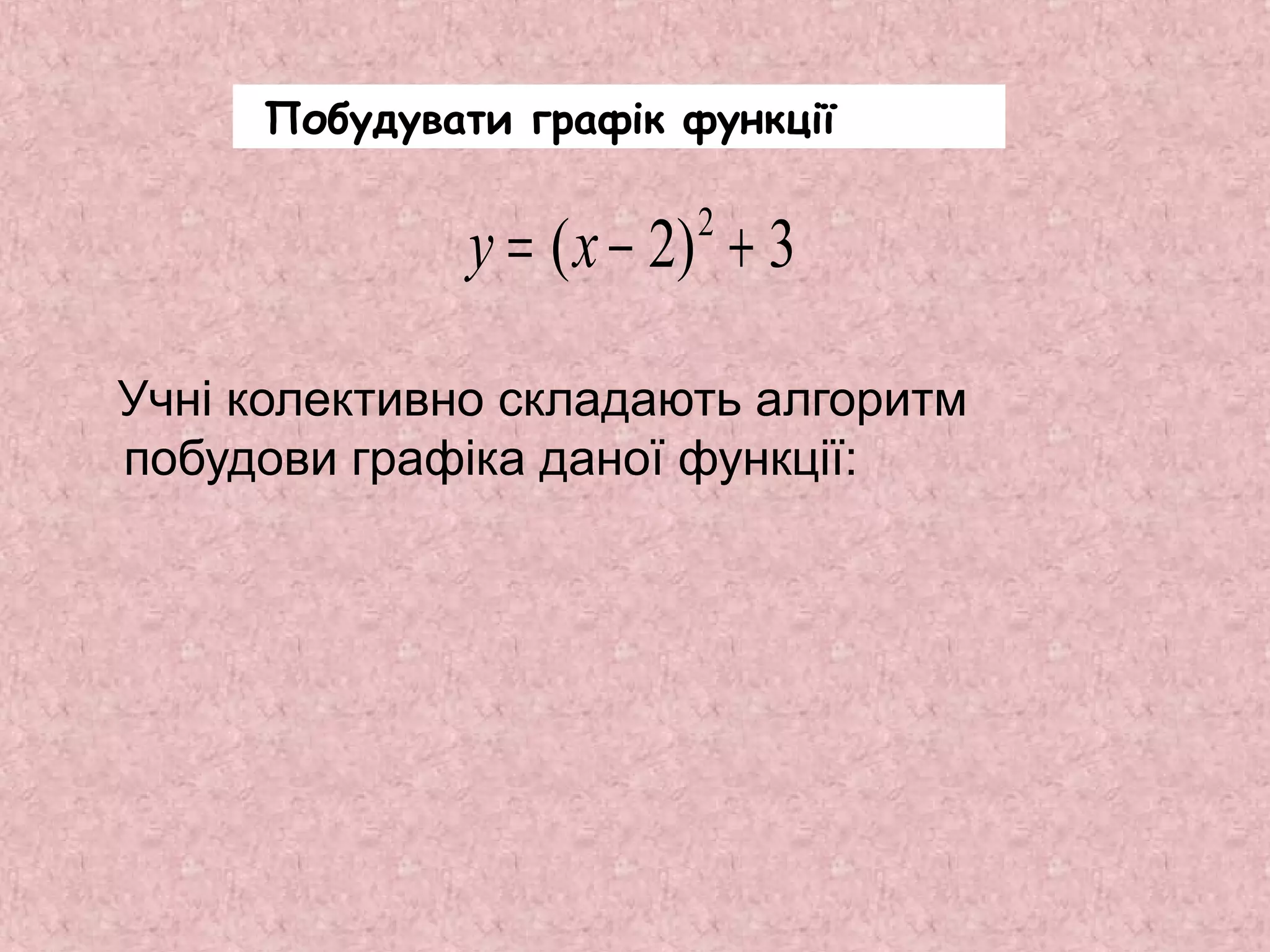 Побудувати графік функції 
y = (x - 2)2 + 3 
Учні колективно складають алгоритм 
побудови графіка даної функції: 
 