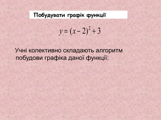 Побудувати графік функції 
y = (x - 2)2 + 3 
Учні колективно складають алгоритм 
побудови графіка даної функції: 
 