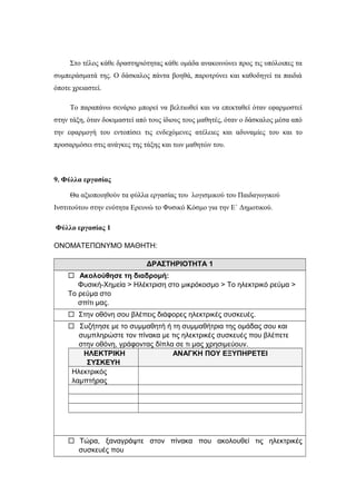 Στο τέλος κάθε δραστηριότητας κάθε ομάδα ανακοινώνει προς τις υπόλοιπες τα 
συμπεράσματά της. Ο δάσκαλος πάντα βοηθά, παροτρύνει και καθοδηγεί τα παιδιά 
όποτε χρειαστεί. 
Το παραπάνω σενάριο μπορεί να βελτιωθεί και να επεκταθεί όταν εφαρμοστεί 
στην τάξη, όταν δοκιμαστεί από τους ίδιους τους μαθητές, όταν ο δάσκαλος μέσα από 
την εφαρμογή του εντοπίσει τις ενδεχόμενες ατέλειες και αδυναμίες του και το 
προσαρμόσει στις ανάγκες της τάξης και των μαθητών του. 
9. Φύλλα εργασίας 
Θα αξιοποιηθούν τα φύλλα εργασίας του λογισμικού του Παιδαγωγικού 
Ινστιτούτου στην ενότητα Ερευνώ το Φυσικό Κόσμο για την Ε΄ Δημοτικού. 
Φύλλο εργασίας 1 
ΟΝΟΜΑΤΕΠΩΝΥΜΟ ΜΑΘΗΤΗ: 
ΔΡΑΣΤΗΡΙΟΤΗΤΑ 1 
 Ακολούθησε τη διαδρομή: 
Φυσική-Χημεία > Ηλέκτριση στο μικρόκοσμο > Το ηλεκτρικό ρεύμα > 
Το ρεύμα στο 
σπίτι μας. 
 Στην οθόνη σου βλέπεις διάφορες ηλεκτρικές συσκευές. 
 Συζήτησε με το συμμαθητή ή τη συμμαθήτρια της ομάδας σου και 
συμπληρώστε τον πίνακα με τις ηλεκτρικές συσκευές που βλέπετε 
στην οθόνη, γράφοντας δίπλα σε τι μας χρησιμεύουν. 
ΗΛΕΚΤΡΙΚΗ 
ΑΝΑΓΚΗ ΠΟΥ ΕΞΥΠΗΡΕΤΕΙ 
ΣΥΣΚΕΥΗ 
Ηλεκτρικός 
λαμπτήρας 
 Τώρα, ξαναγράψτε στον πίνακα που ακολουθεί τις ηλεκτρικές 
συσκευές που 
 