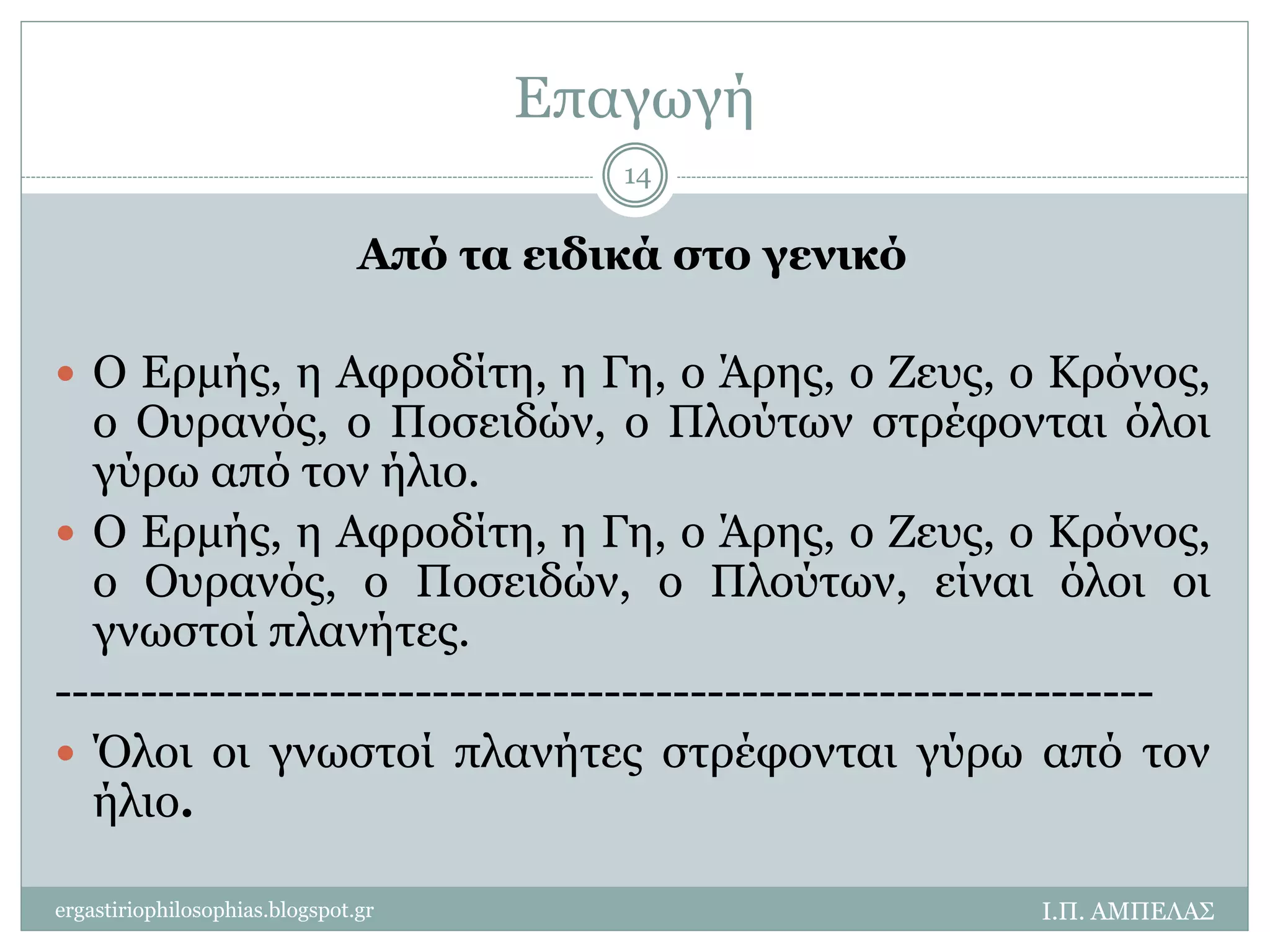 Επαγωγή 
Από τα ειδικά στο γενικό 
 Ο Ερμής, η Αφροδίτη, η Γη, ο Άρης, ο Ζευς, ο Κρόνος, 
ο Ουρανός, ο Ποσειδών, ο Πλούτων στρέφονται όλοι 
γύρω από τον ήλιο. 
 Ο Ερμής, η Αφροδίτη, η Γη, ο Άρης, ο Ζευς, ο Κρόνος, 
ο Ουρανός, ο Ποσειδών, ο Πλούτων, είναι όλοι οι 
γνωστοί πλανήτες. 
---------------------------------------------------------------- 
 Όλοι οι γνωστοί πλανήτες στρέφονται γύρω από τον 
ήλιο. 
Ι.Π. ΑΜΠΕΛΑΣ 
14 
ergastiriophilosophias.blogspot.gr 
 