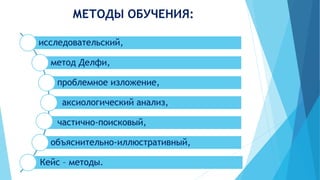 МЕТОДЫ ОБУЧЕНИЯ: 
исследовательский, 
метод Делфи, 
проблемное изложение, 
аксиологический анализ, 
частично-поисковый, 
объяснительно-иллюстративный, 
Кейс – методы. 
 