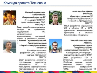 14 
Команда проекта Технекона 
Марина Владимировна 
Болсуновская, 
Генеральный директор ТК 
К.т.н., доцент СПбГПУ, 
проектный менеджер ООО 
«Тетракуб» 
Опыт: разработка алгоритмов и 
методик их применения, 
медицинских ИС, 
математическое 
моделирование, системный 
анализ и обработка данных. 
Реализованный стартап по 
производству томографтов 
Александр Викторович 
Лексашов, 
Директор по развитию ТК 
Генеральный директор ООО 
«Тетракуб », преподаватель 
СПбГПУ 
Опыт: разработка медицинских 
ИС в области КТ и МРТ, 
руководство инновационными 
проектами в области 
биоинженерии и медицины 
Алексей Сергеевич Одоевский, 
Руководитель отдела 
«Разработка информационных 
систем» ТК 
Руководитель отдела 
разработок ООО «Тетракуб», 
ведущий программист 
СПбГПУ 
Опыт: разработка аппаратно- 
программных комплексов, 
медицинских ИС, ИС 
трехмерного моделирования и 
прогнозирования в области 
биоинженерии и медицины 
Николай Александрович 
Абрамов, 
Руководитель отдела 
«Разработка систем 
неразрушающего контроля» ТК 
Сотрудник ООО «Тетракуб», 
ведущий программист СПбГПУ 
Опыт: разработка ПО и 
алгоритмов цифровой 
обработки данных: оценка 
движения, оценка шума, 
оптимизация изображения 
(SIMD, параллельное 
исполнение, CUDA) 
 