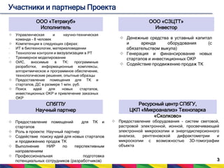 3 
Участники и партнеры Проекта 
ООО «Тетракуб» 
Исполнитель 
 Управленческая и научно-техническая 
команда - 8 человек 
 Компетенции в следующих сферах: 
- ИТ в биотехнологии, материаловедении 
- Технологии контроля и визуализации в РТ 
- Трехмерное моделирование 
 ОИС, вносимые в ТК: программные 
разработки, информационные комплексы, 
алгоритмическое и программное обеспечение, 
технологические решения, опытные образцы 
 Предоставление помещения для ТК и 
стартапов, ДС в размере 1 млн. руб. 
 Поиск идей для новых стартапов, 
инвестиционных ОКР и привлечение заказных 
ОКР 
ООО «СЗЦТТ» 
Инвестор 
СПбГПУ 
Научный партнер 
 Предоставление помещений для ТК и 
стартапов 
 Роль в проекте: Научный партнер 
 Содействие поиску идей для новых стартапов 
и продвижению продаж ТК 
 Выполнение НИР по перспективным 
направлениям 
 Профессиональная подготовка 
потенциальных сотрудников (разработчиков) 
 Денежные средства в уставный капитал 
и аренда оборудования (с 
обязательством выкупа) 
 Генерация и финансирование новых 
стартапов и инвестиционных ОКР 
 Содействие продвижению продаж ТК 
Ресурсный центр СПбГУ, 
ЦКП «Микроанализ» Технопарка 
«Сколково» 
 Предоставление оборудования - систем световой, 
растровой электронной, ионной, просвечивающей 
электронной микроскопии и энергодисперсионного 
анализа, рентгеновской дифрактометрии и 
микроскопии с возможностью 3D-томографии 
объекта 
 
