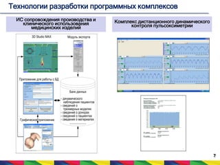 7 
Технологии разработки программных комплексов 
ИС сопровождения производства и 
клинического использования 
медицинских изделий 
Банк данных 
- динамического 
наблюдения пациентов 
- сведений о 
трехмерных моделях 
- сведений о донорах 
- сведений о пациентах 
- сведения о материалах 
..................... 
3D Studio MAX 
Приложение для работы с БД 
Графическое приложение 
Модуль экспорта 
Комплекс дистанционного динамического 
контроля пульсоксиметрии 
 